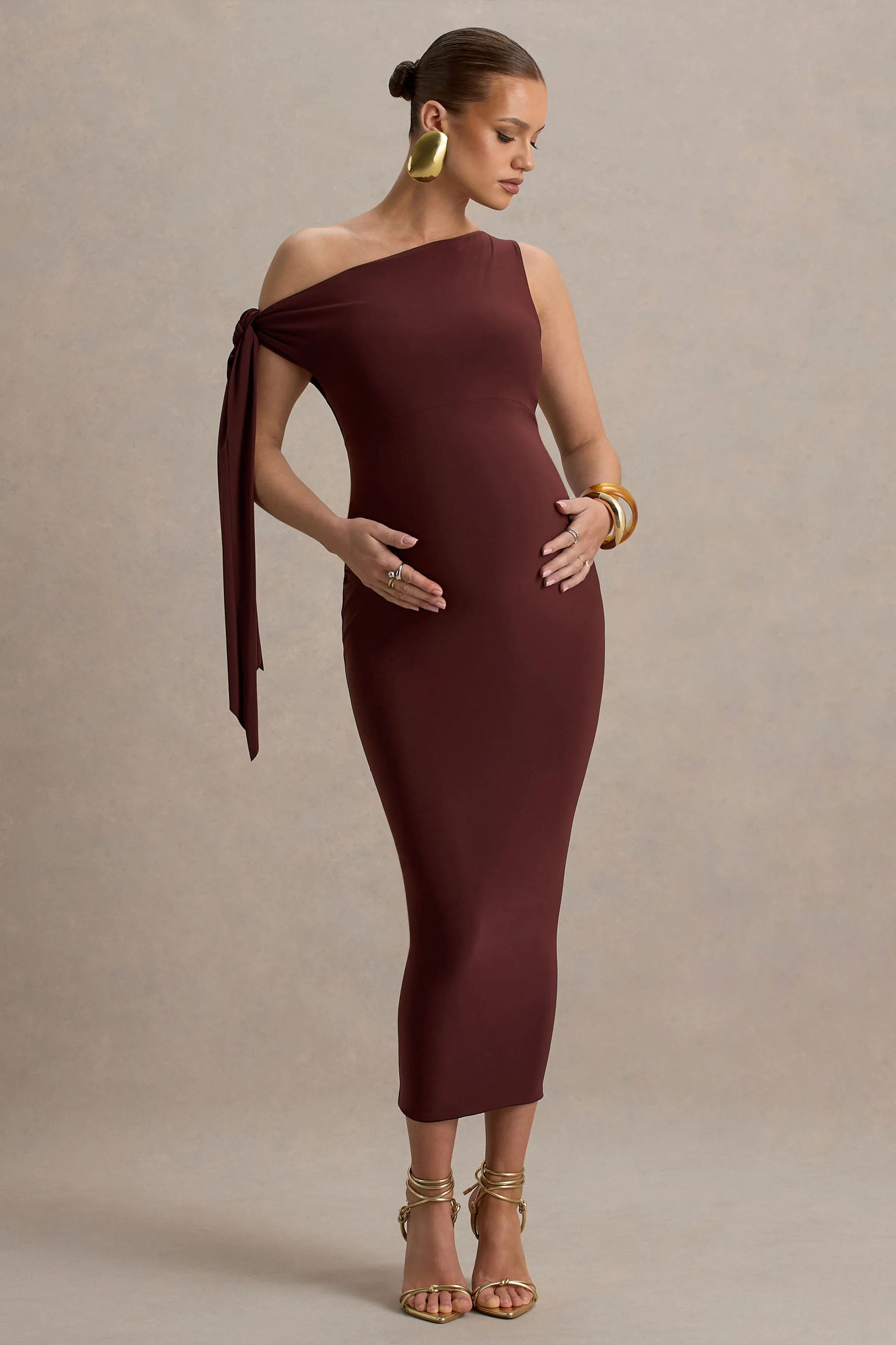 Katarine | Brown Asymmetric Knot Maternity Midi Dress