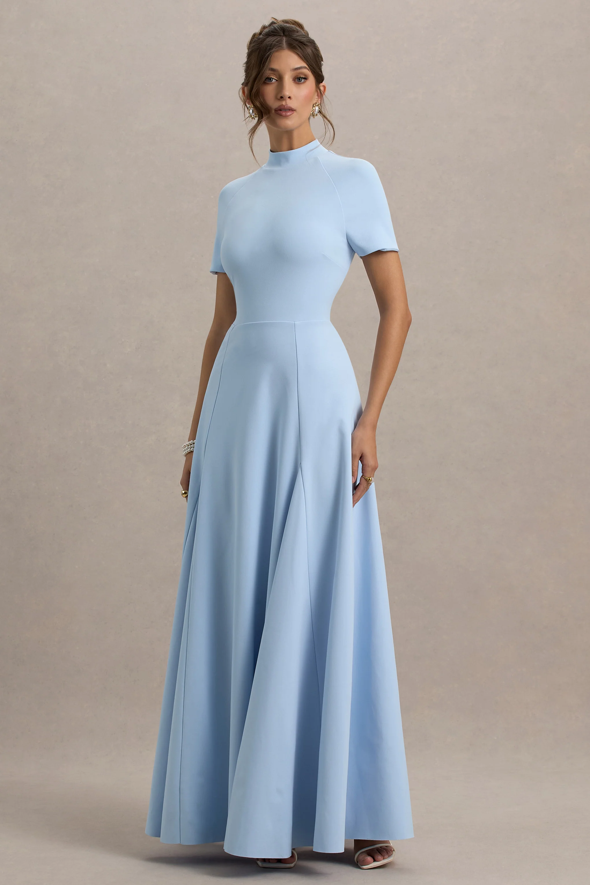 Alea | Powder Blue High-Neck Short-Sleeve Maxi Dress