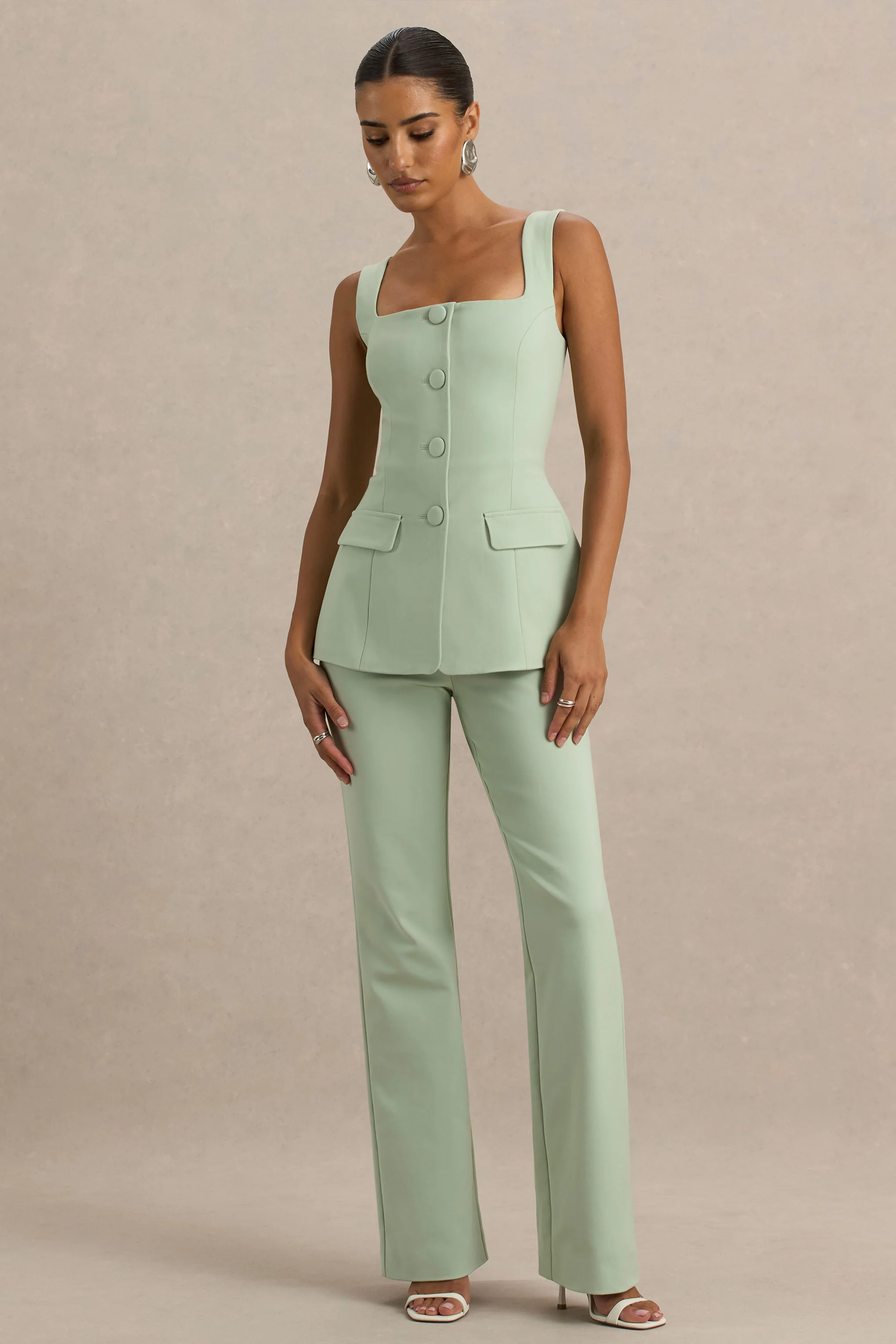 Aceline | Light Green Square-Neck Tailored Jumpsuit