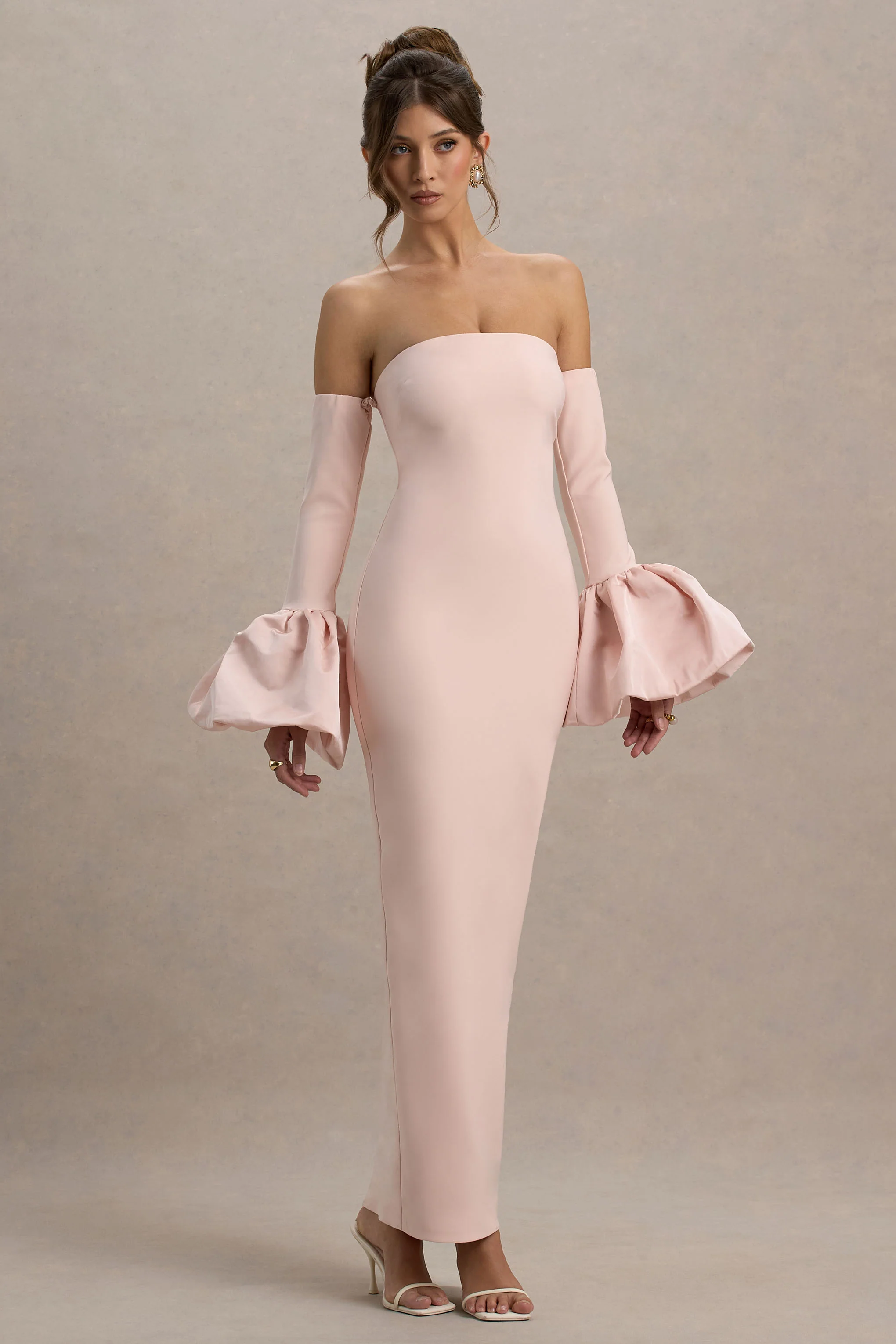 Myah | Pink Bandeau Long-Sleeve Maxi Dress With Puff Cuffs