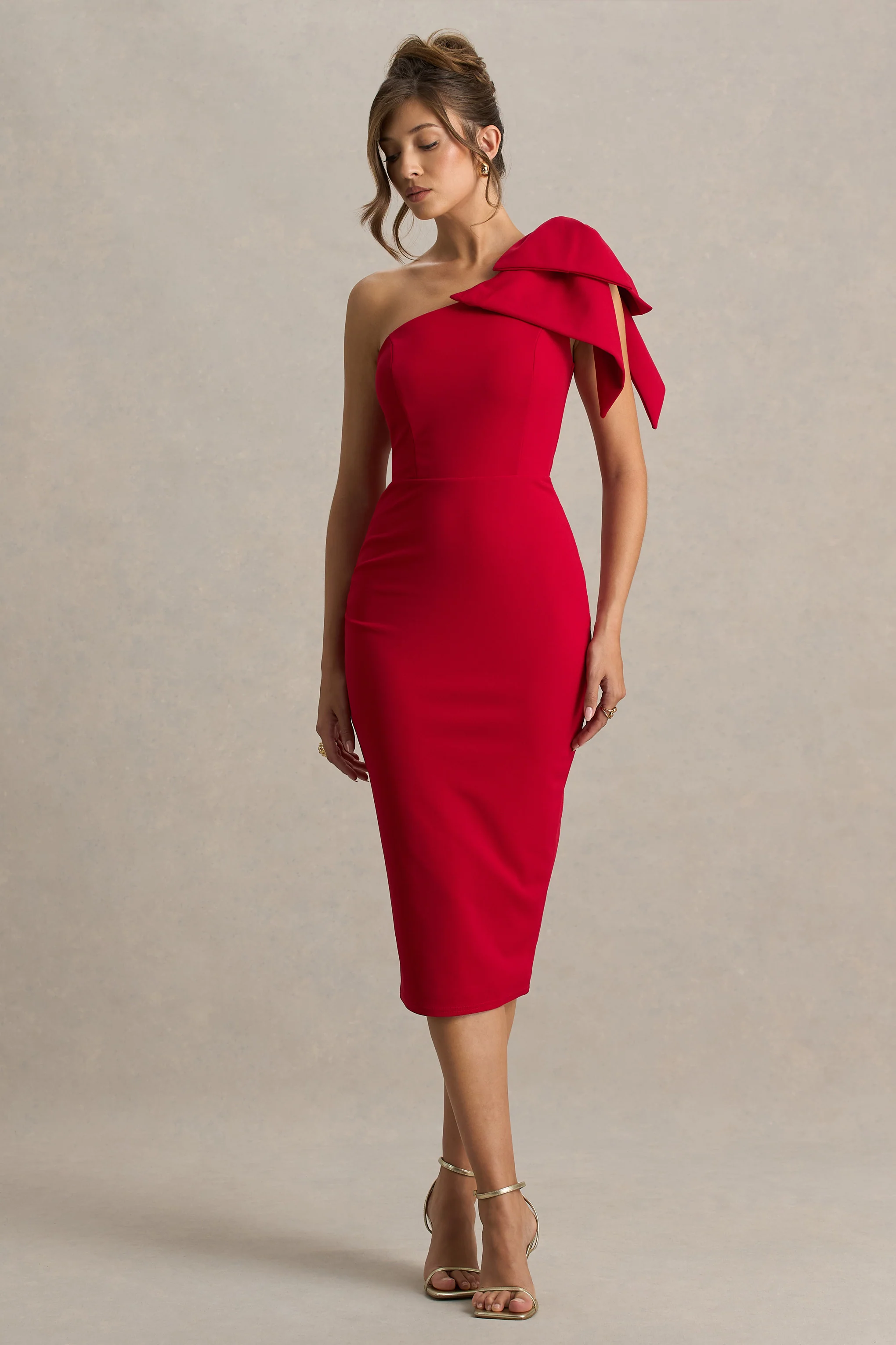 Ambretta | Red One-Shoulder Midi Dress With Bow