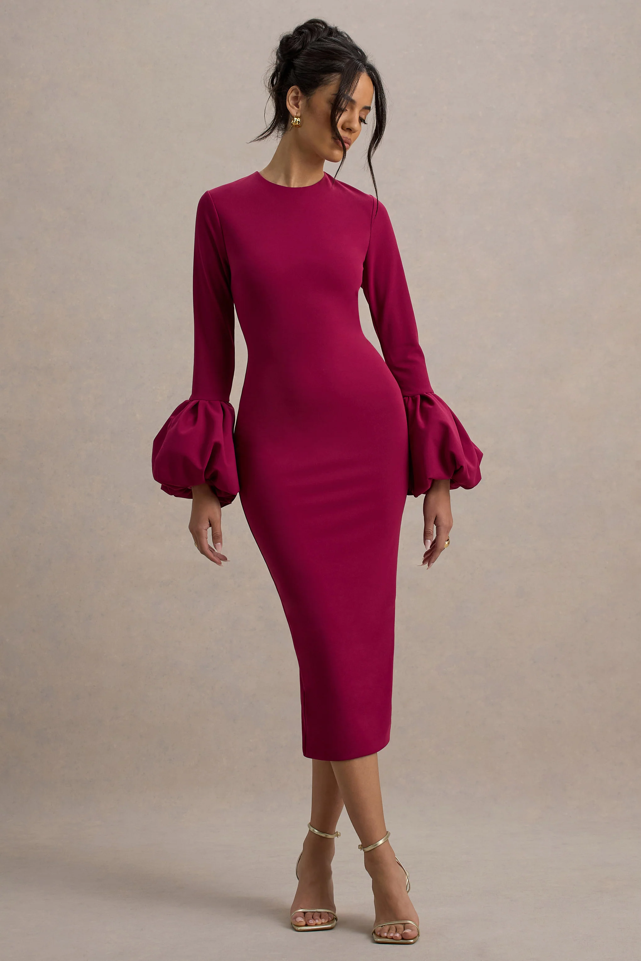 Celie | Mulberry Long-Sleeve Midi Dress With Puff Cuffs