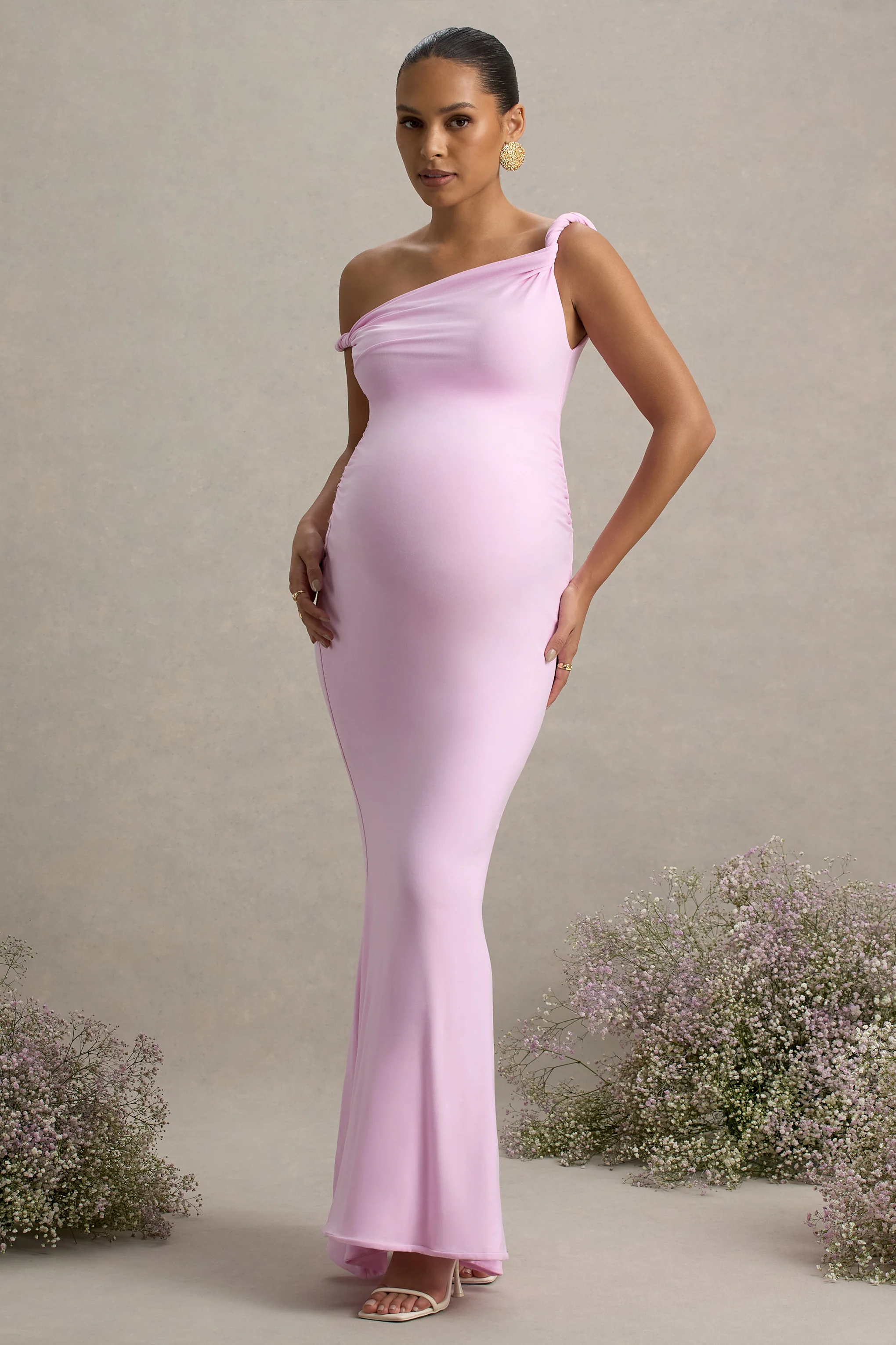 Lita | Pink Twisted Asymmetric Maternity Maxi Dress