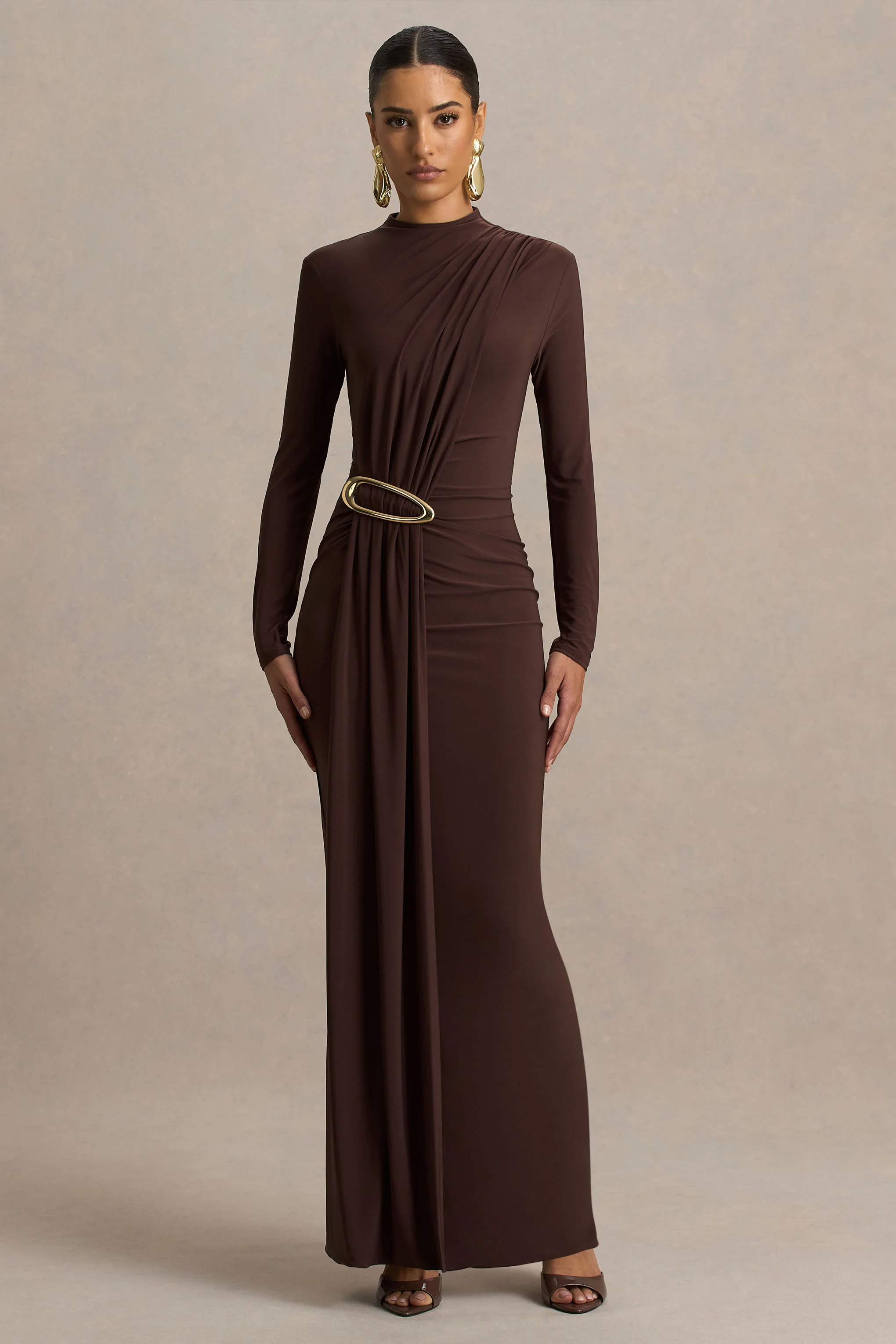Zadie | Brown High-Neck Maxi Dress With Gathered-Detail