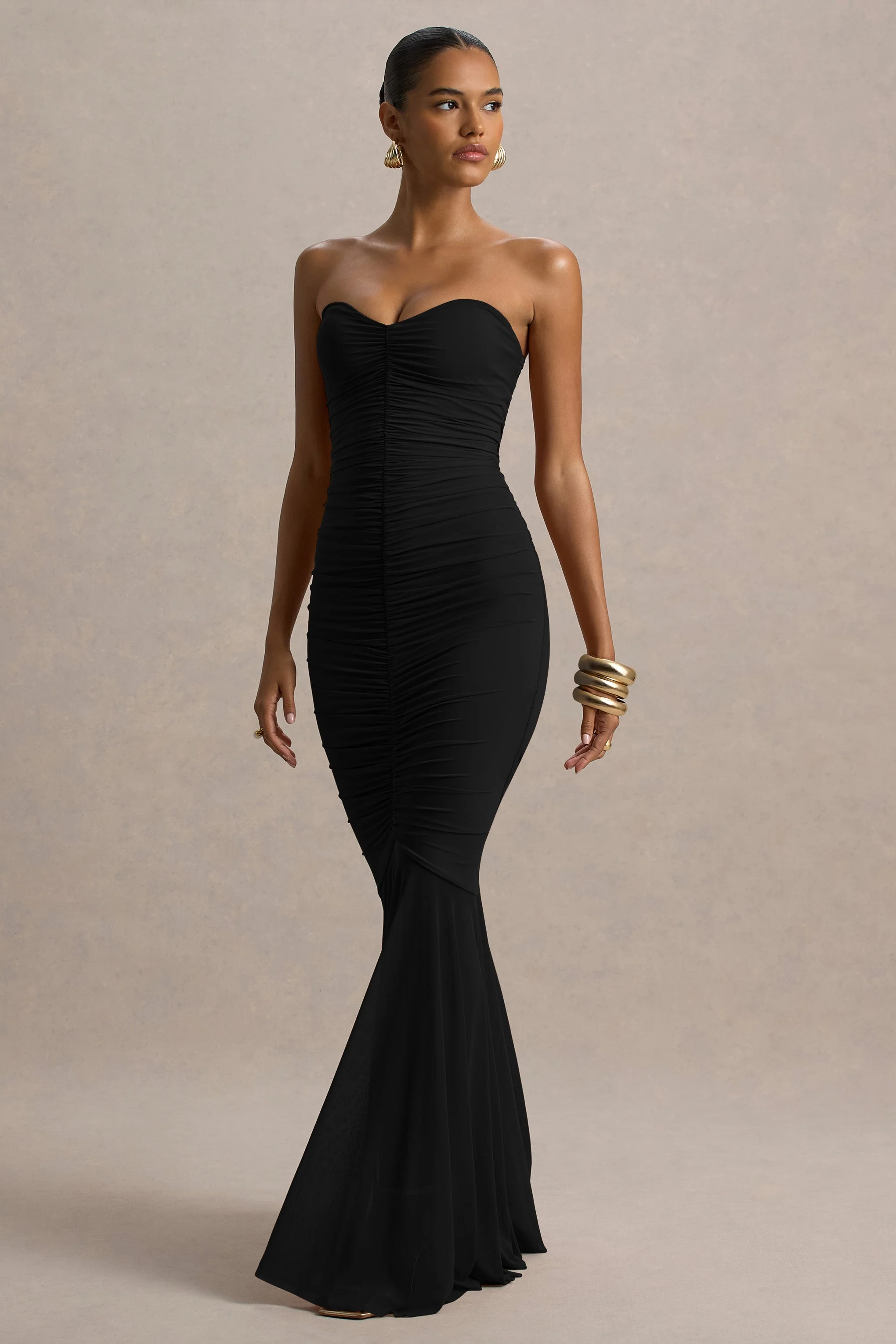 Talisa | Black Ruched Fishtail Maxi Dress With Mesh Hem