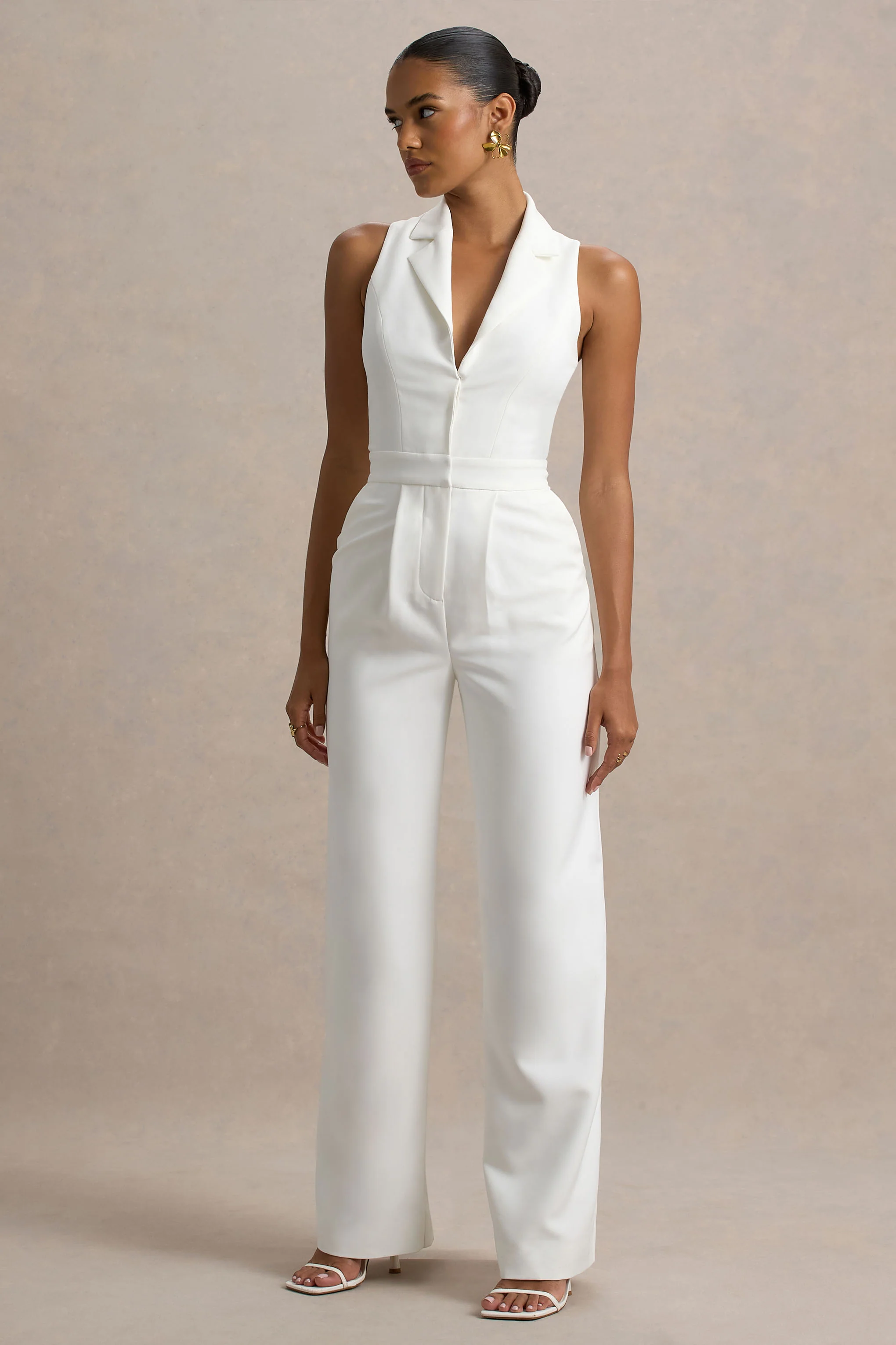 Trixie | White Plunge-Neck Tailored Jumpsuit