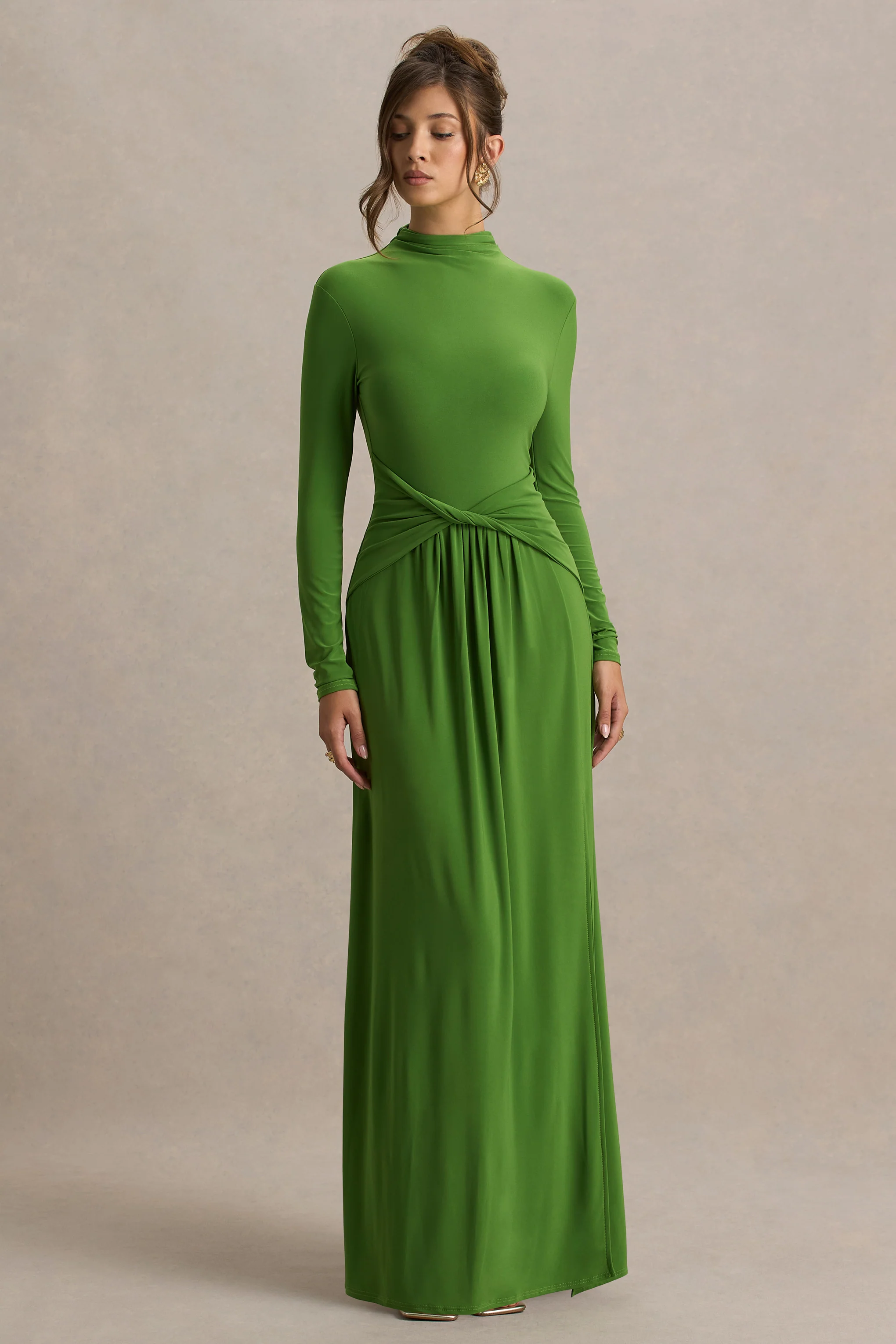 Hourglass | Green Long-Sleeve Twisted Maxi Dress With Split