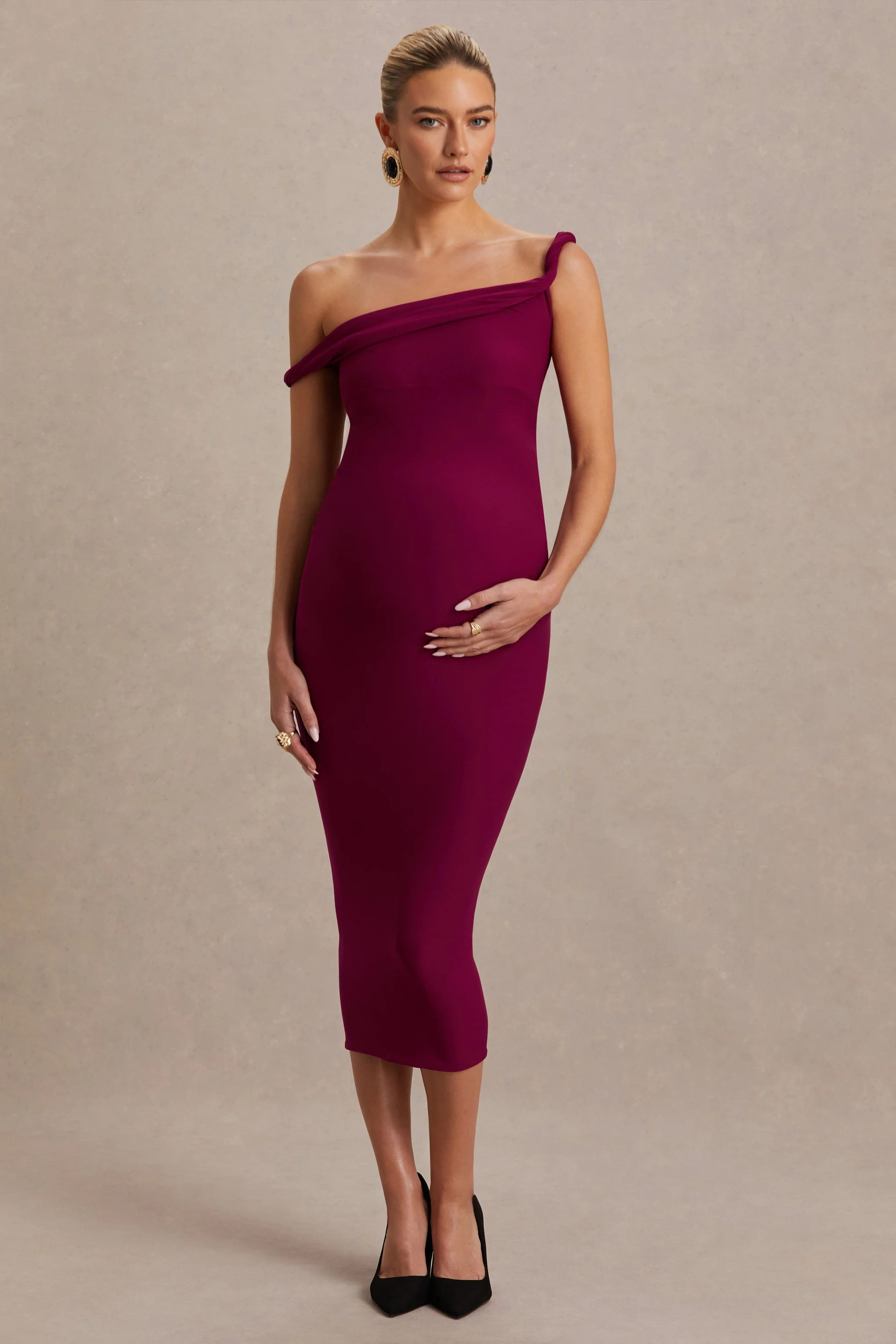 Salome | Burgundy Twisted Asymmetric Maternity Midi Dress