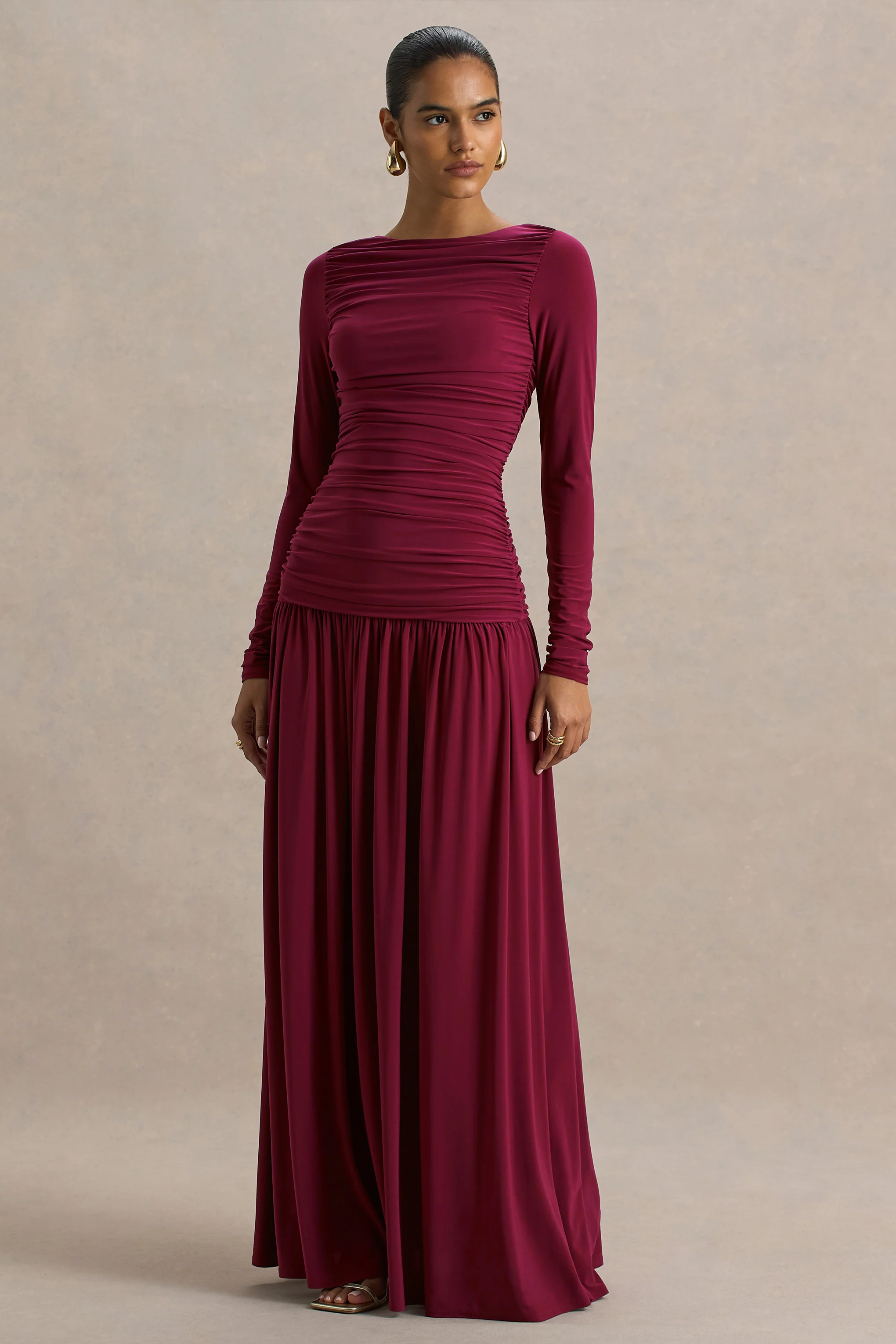 Aniyah | Burgundy High-Neck Maxi Dress With Ruched Detailing