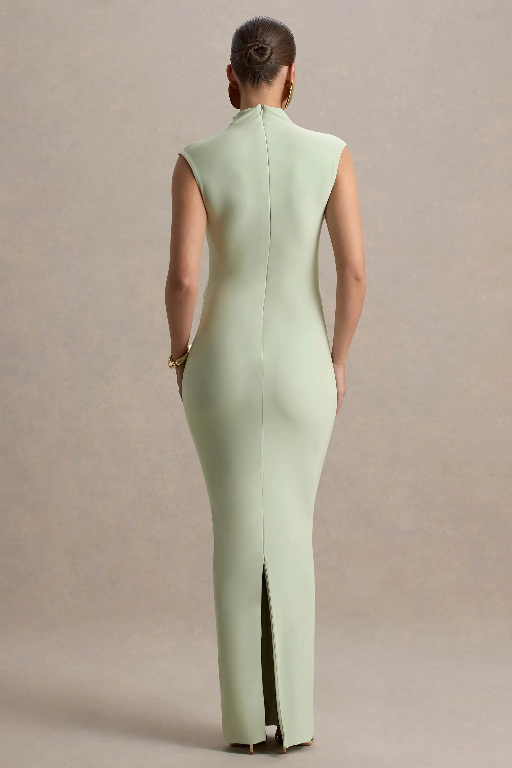 Kienna | Light Green Ruched High-Neck Maternity Maxi Dress