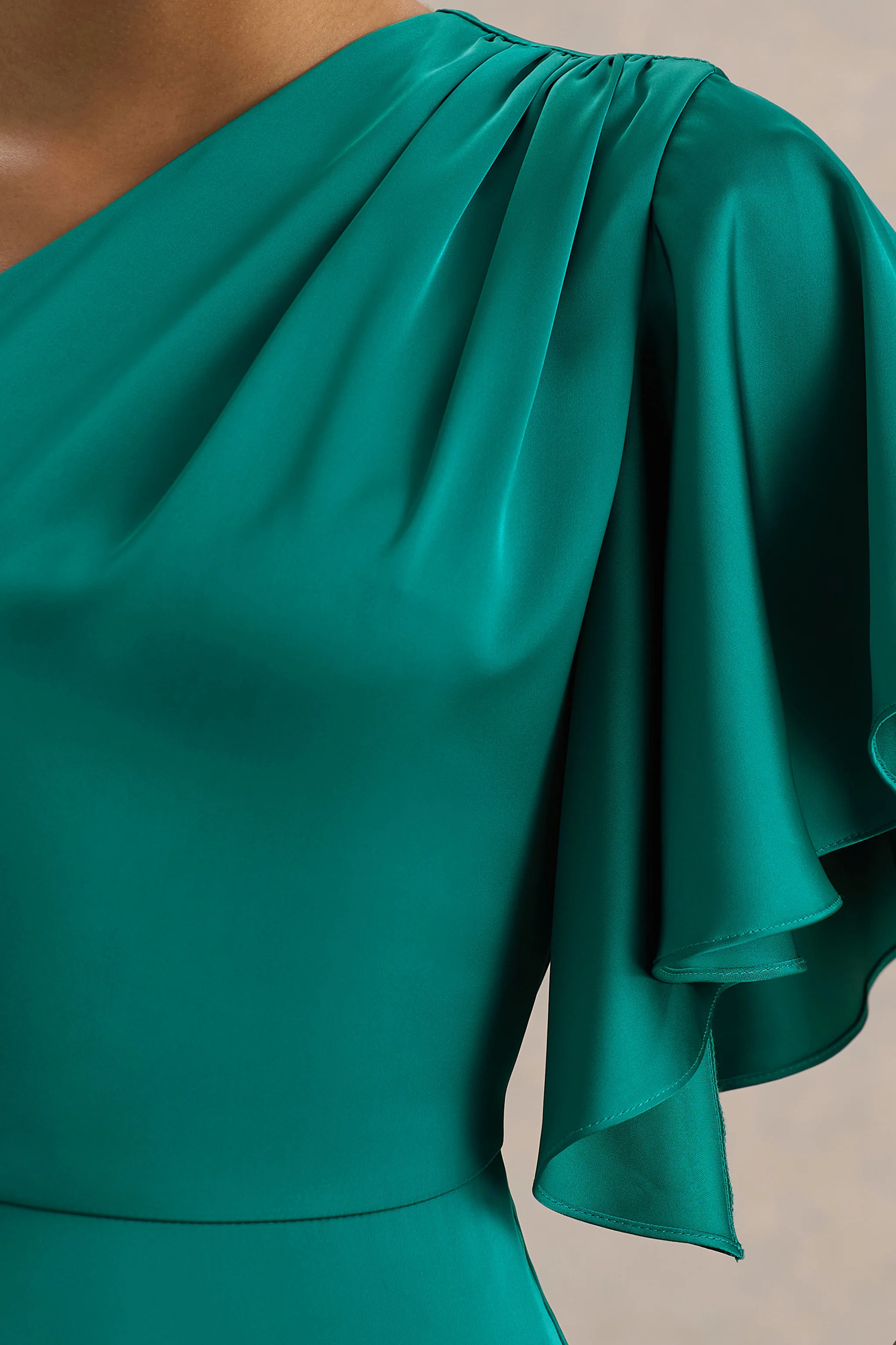 Unforgettable | Bottle Green Asymmetric-Neck Maxi Dress With Ruched Detailing