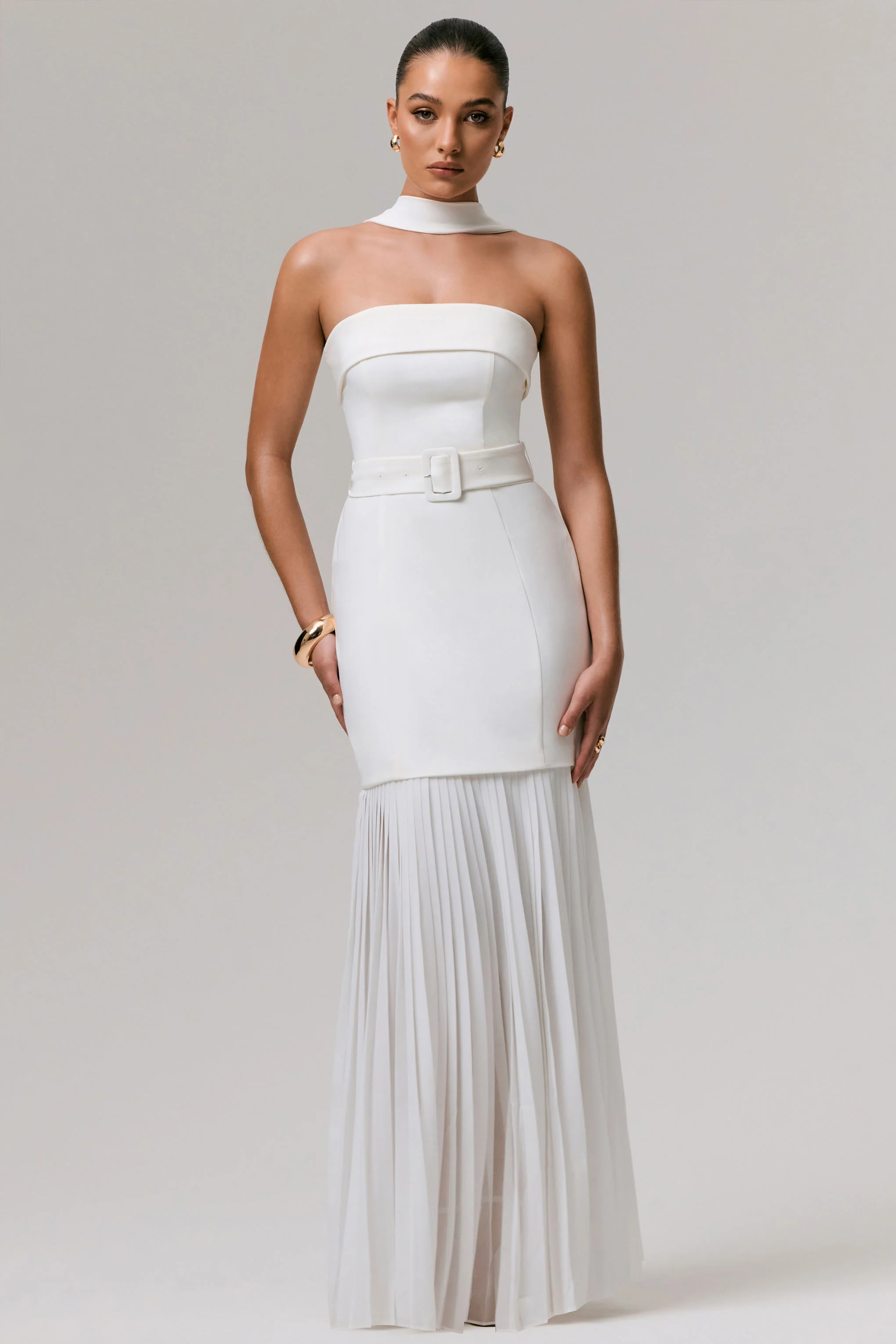 Jaquetta | White Belted Maxi Dress With Pleated Chiffon Skirt