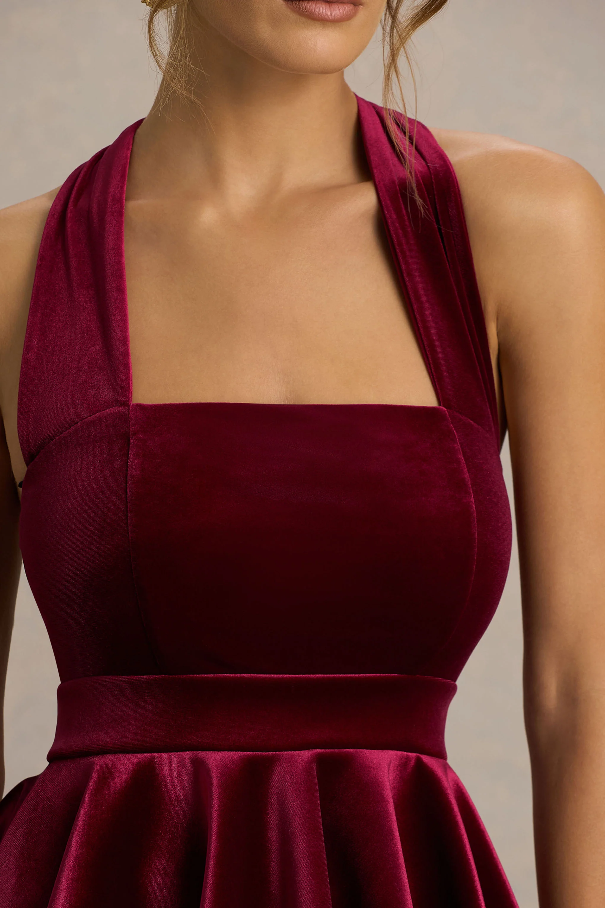 Mirage | Burgundy Velvet Halter-Neck Mini Dress With Skater-Skirt