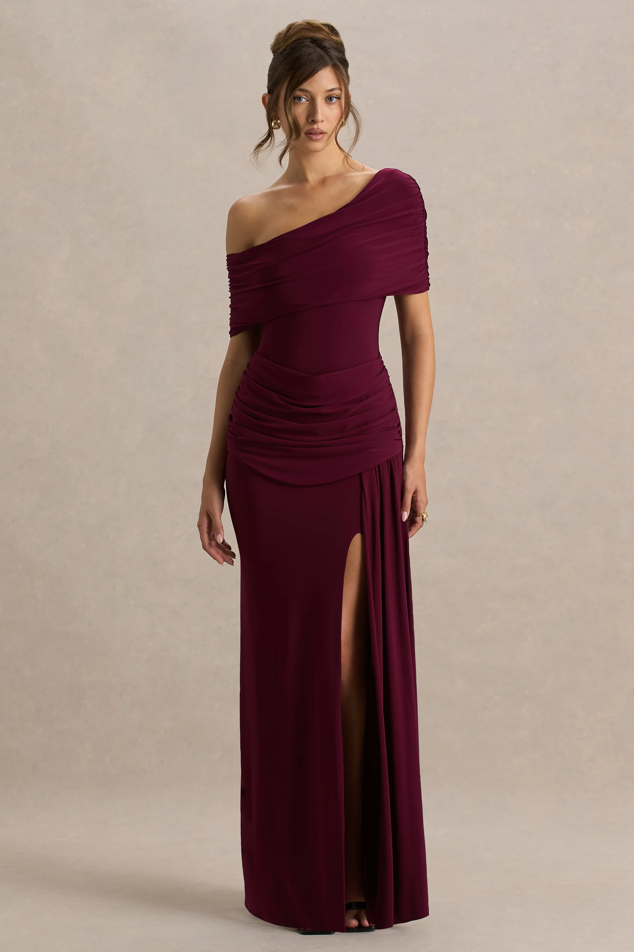Dynasty | Burgundy Asymmetric-Neck Maxi Dress With Ruched Detailing And Front High-Split