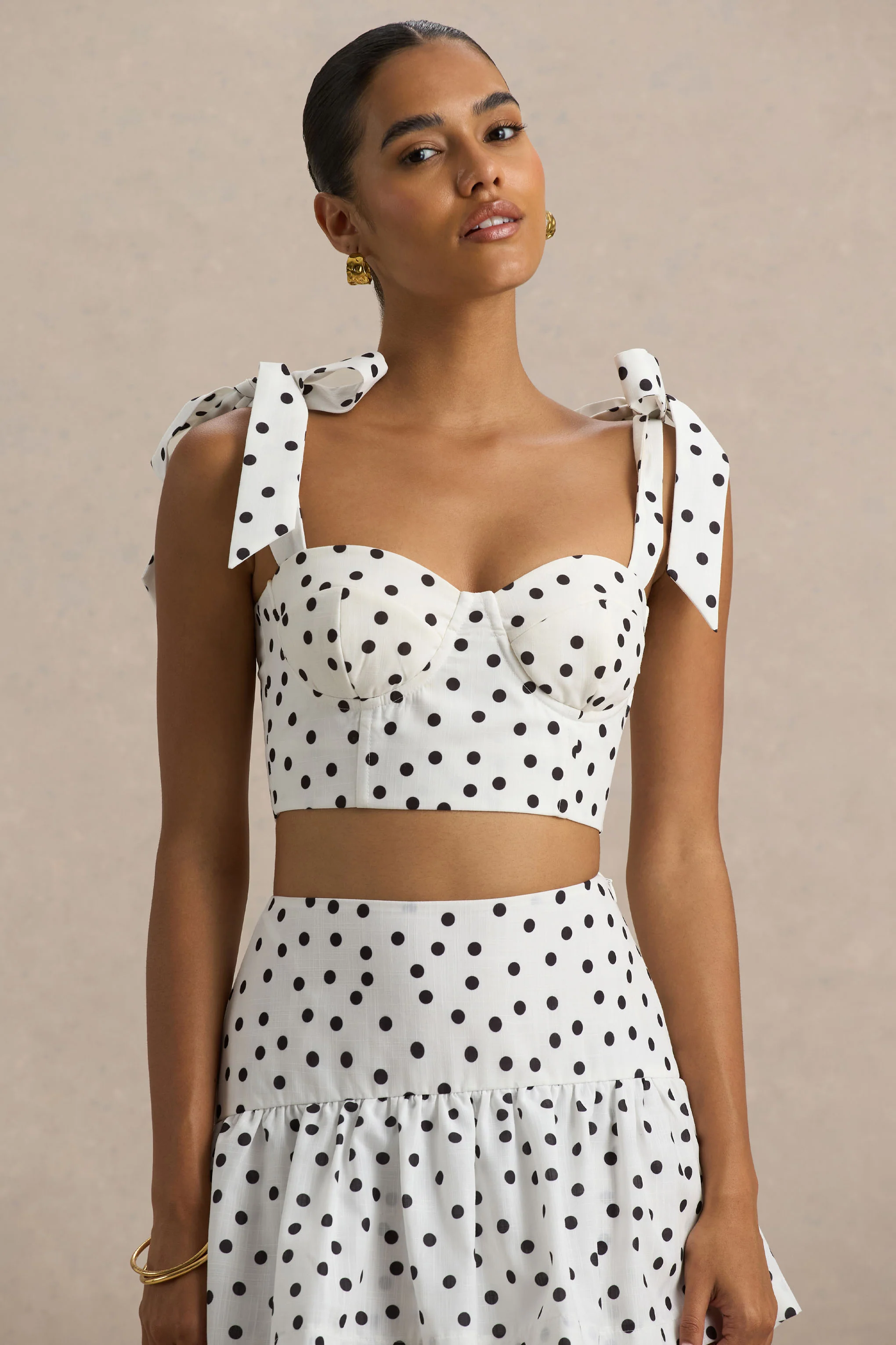 Lumen | White Polka Dot Corset Sweetheart Top With Bow Straps