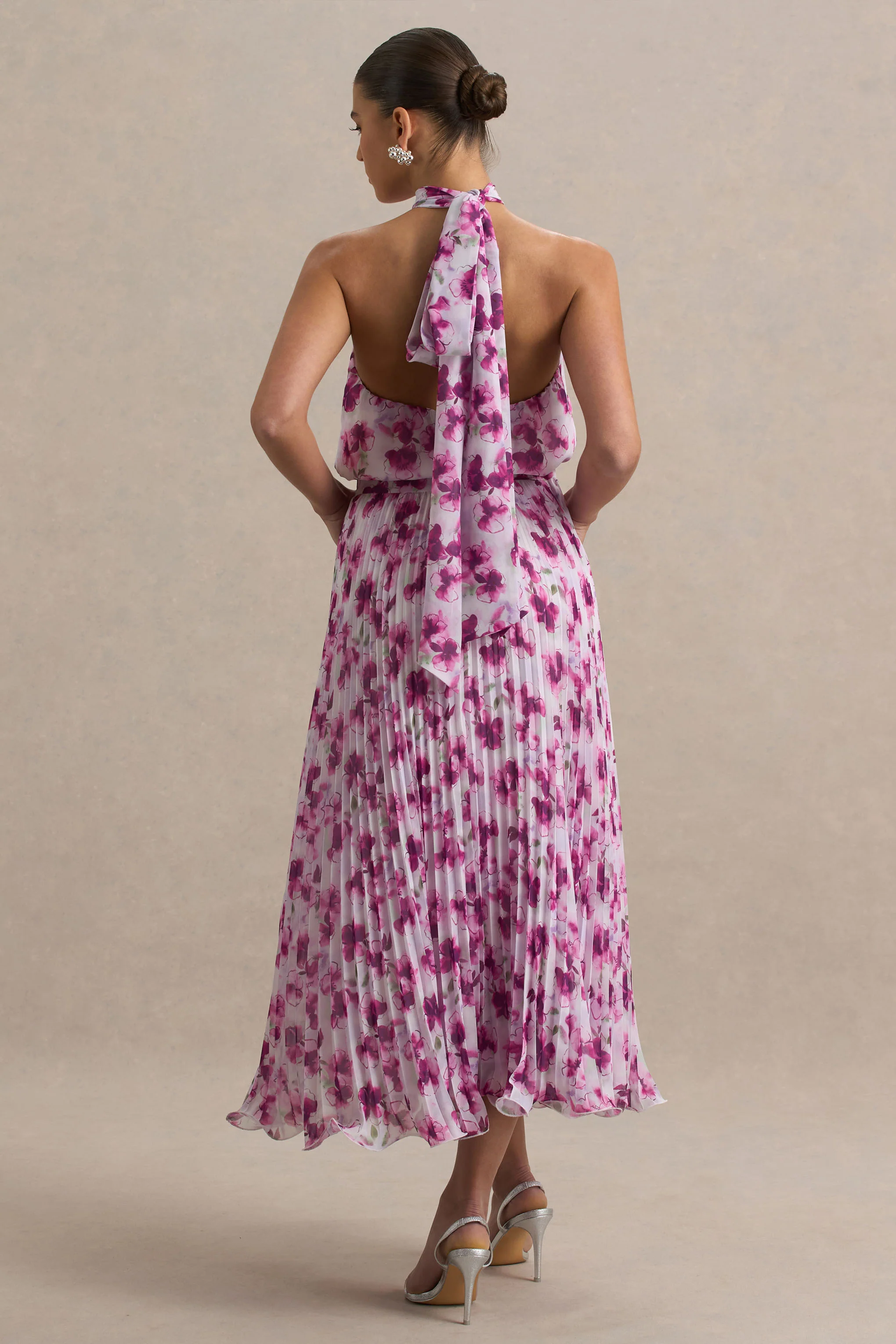 Refractive | Purple Floral Print Satin Maxi Dress With Halter-Neck and Pleated Skirt