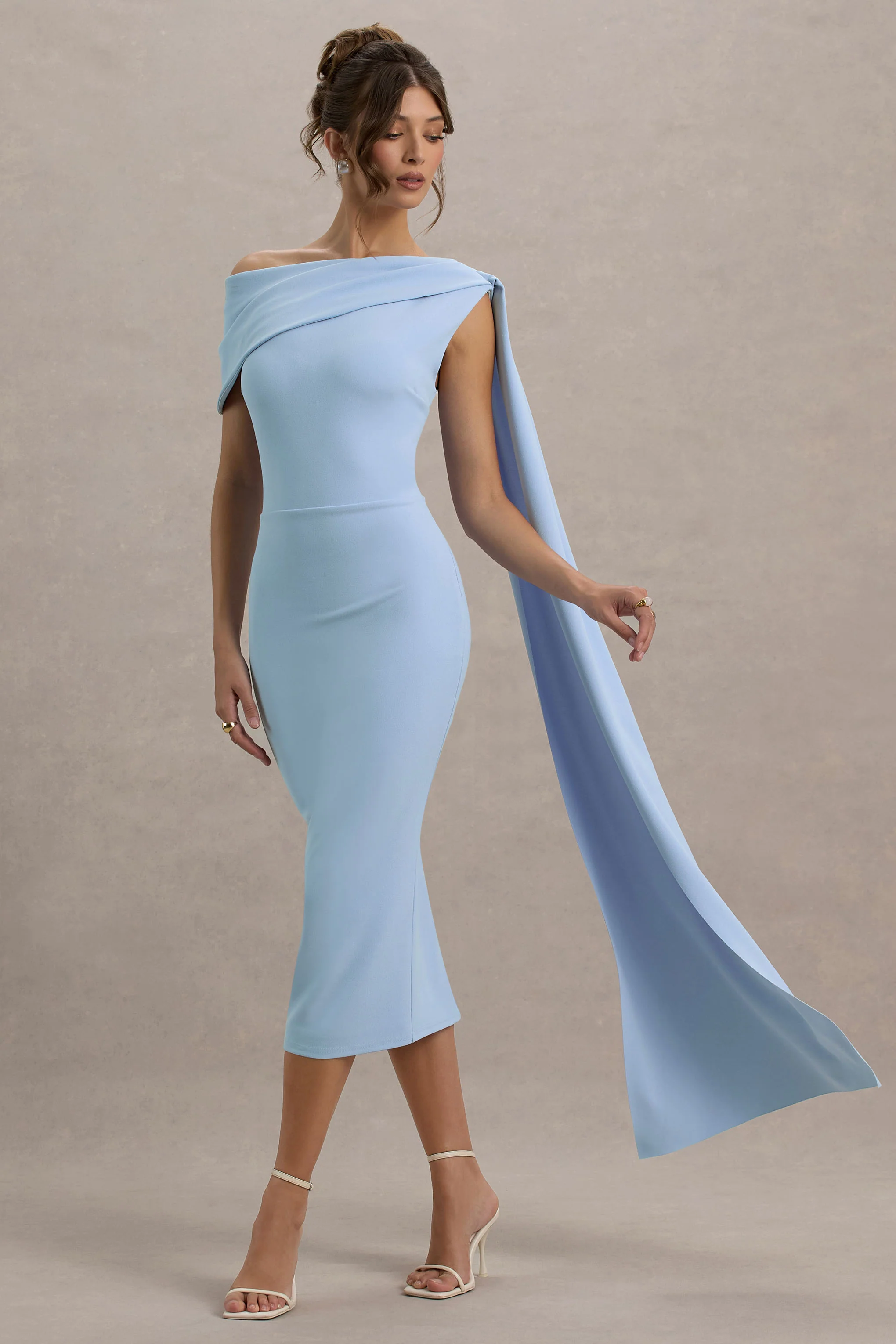 Niamh | Powder Blue Asymmetric Midi Dress With Drape