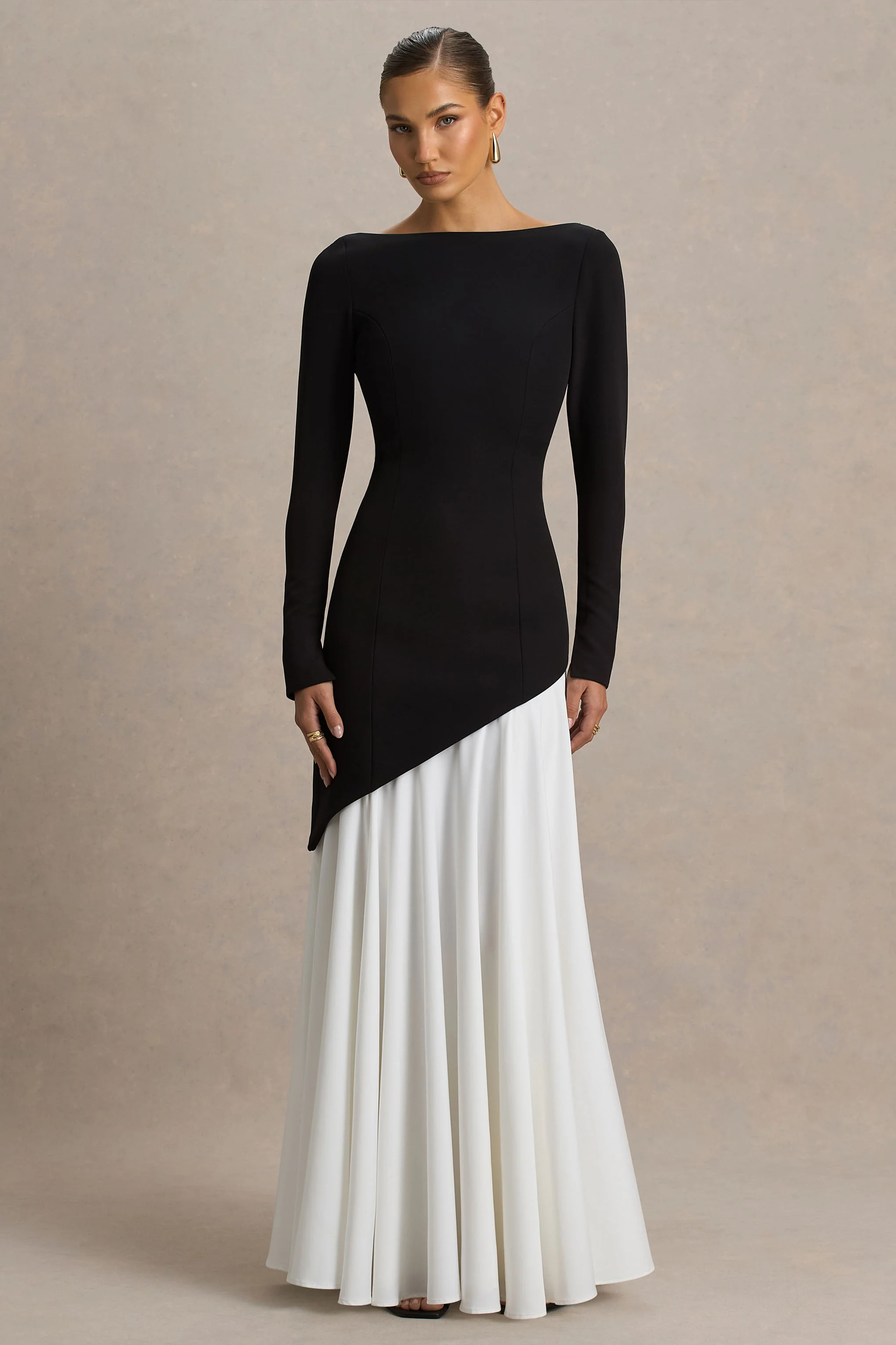 Caty | Black And White Long-Sleeved Maxi Dress With Drop-Waist And Ruffled Detailing