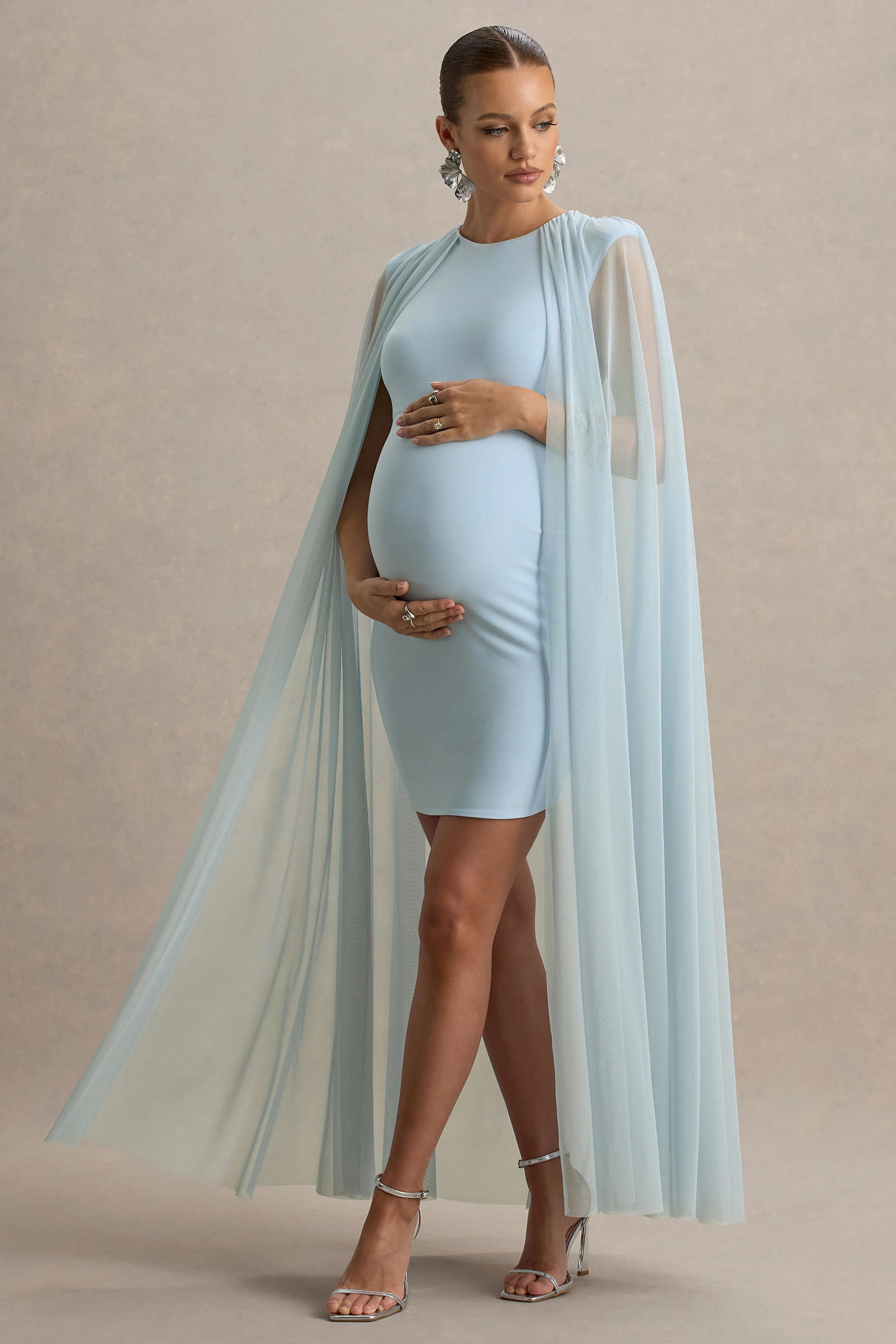 Charlene | Powder Blue High-Neck Maternity Mini Dress With Mesh Cape