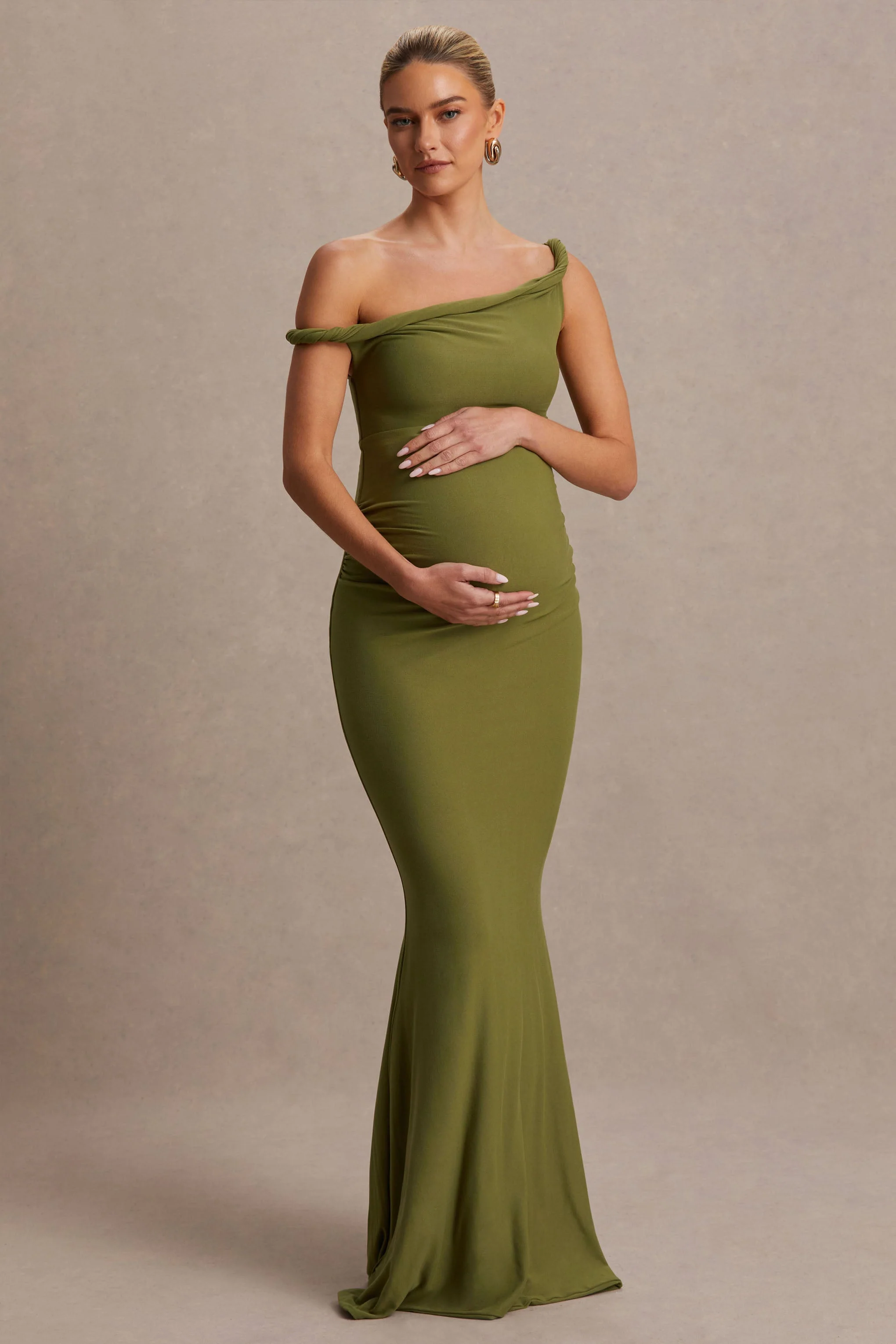 Lita | Olive Twisted Asymmetric Maternity Maxi Dress