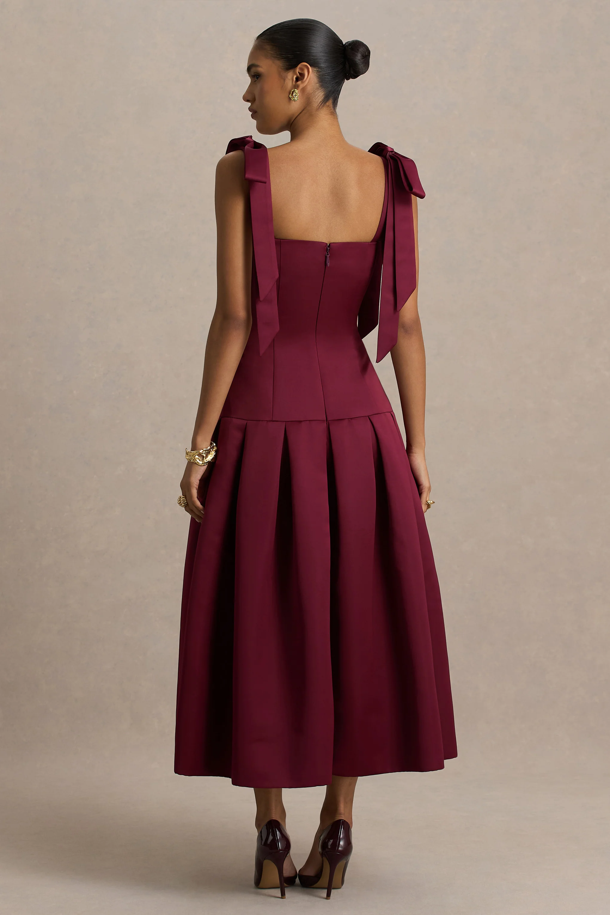 Alberta | Burgundy Satin Midi Dress With Bow Straps