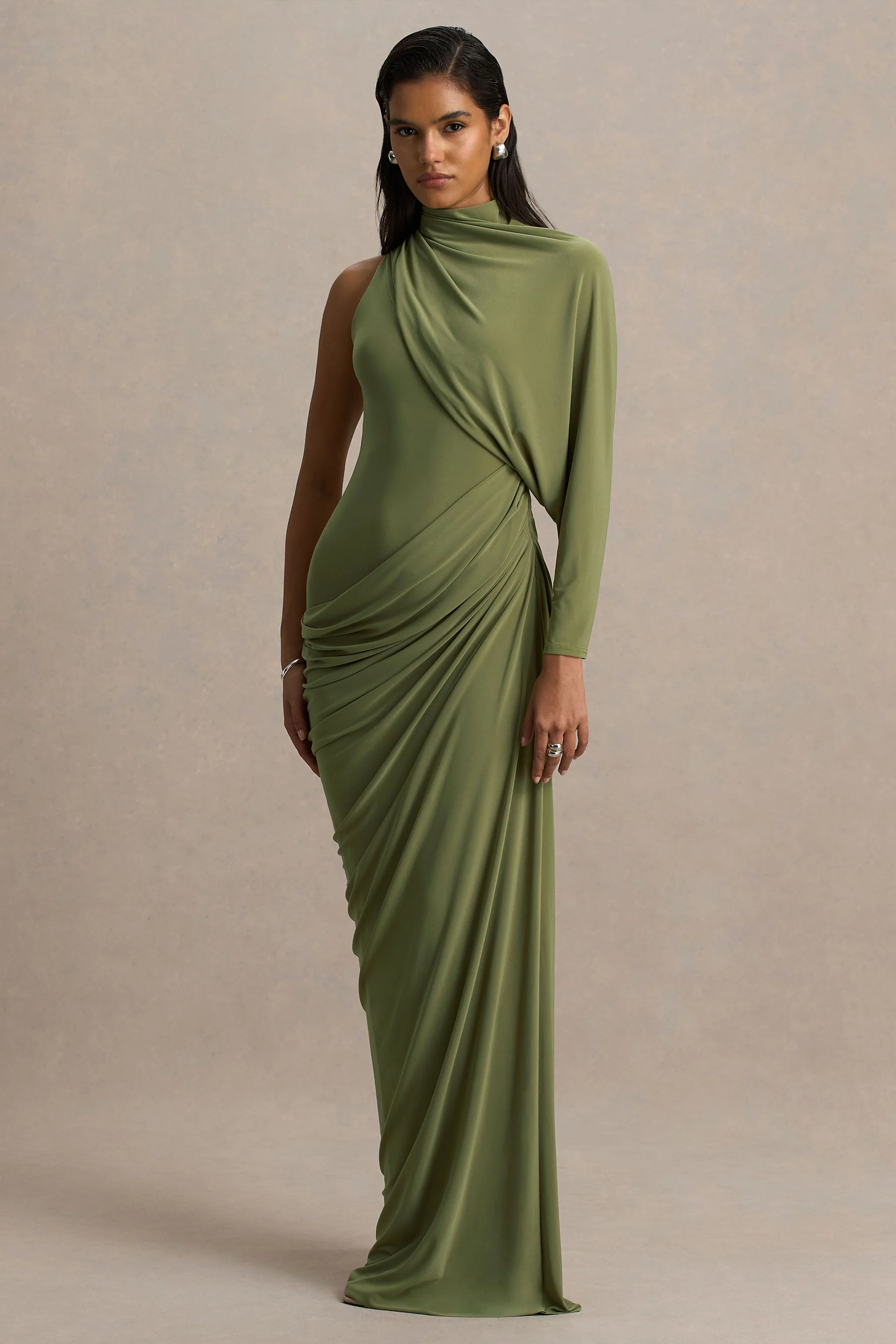 Aphra | Green High-Neck Maxi Dress With Cape-Sleeve