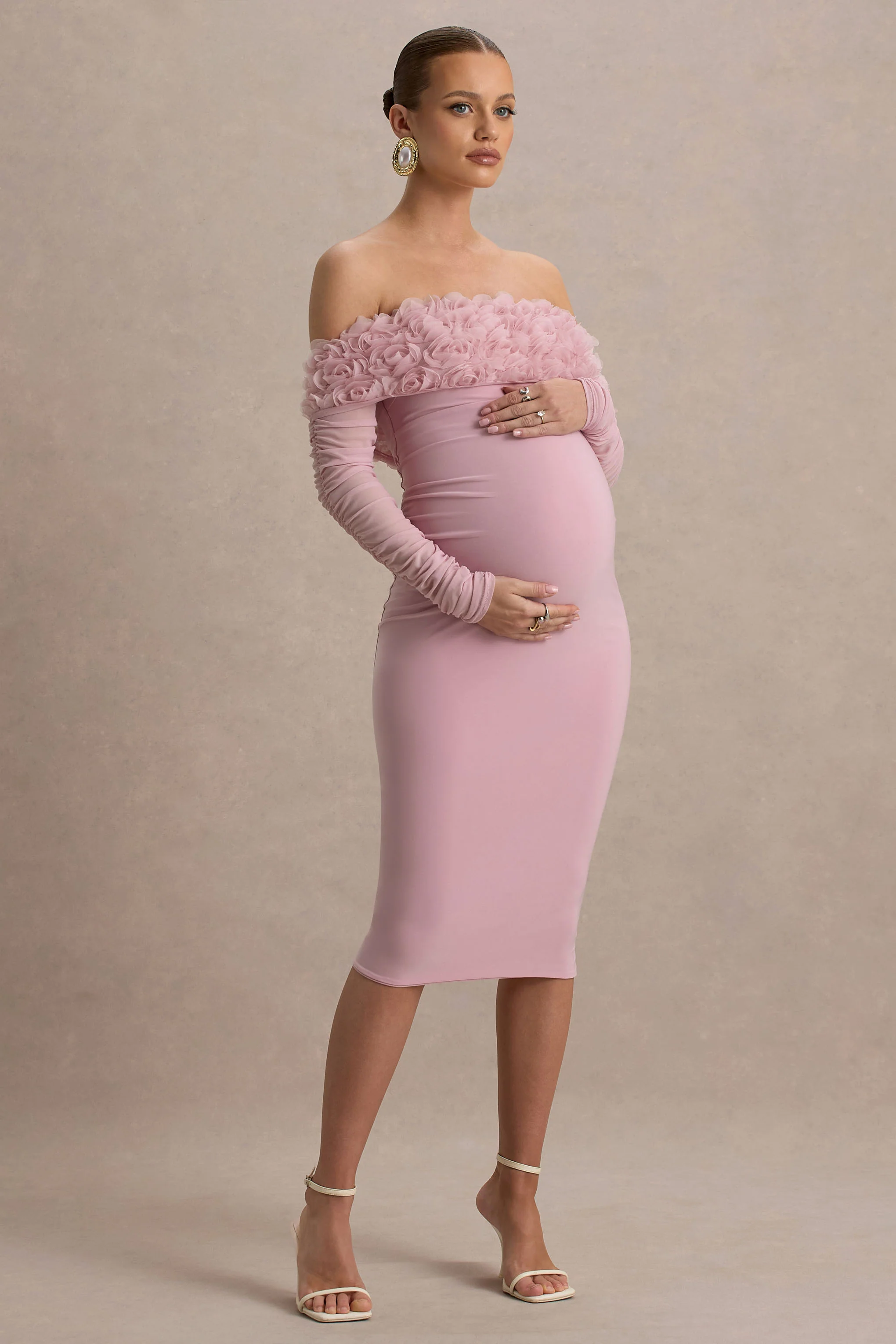Adita | Blush Pink Mesh Floral Bardot Maternity Midi Dress