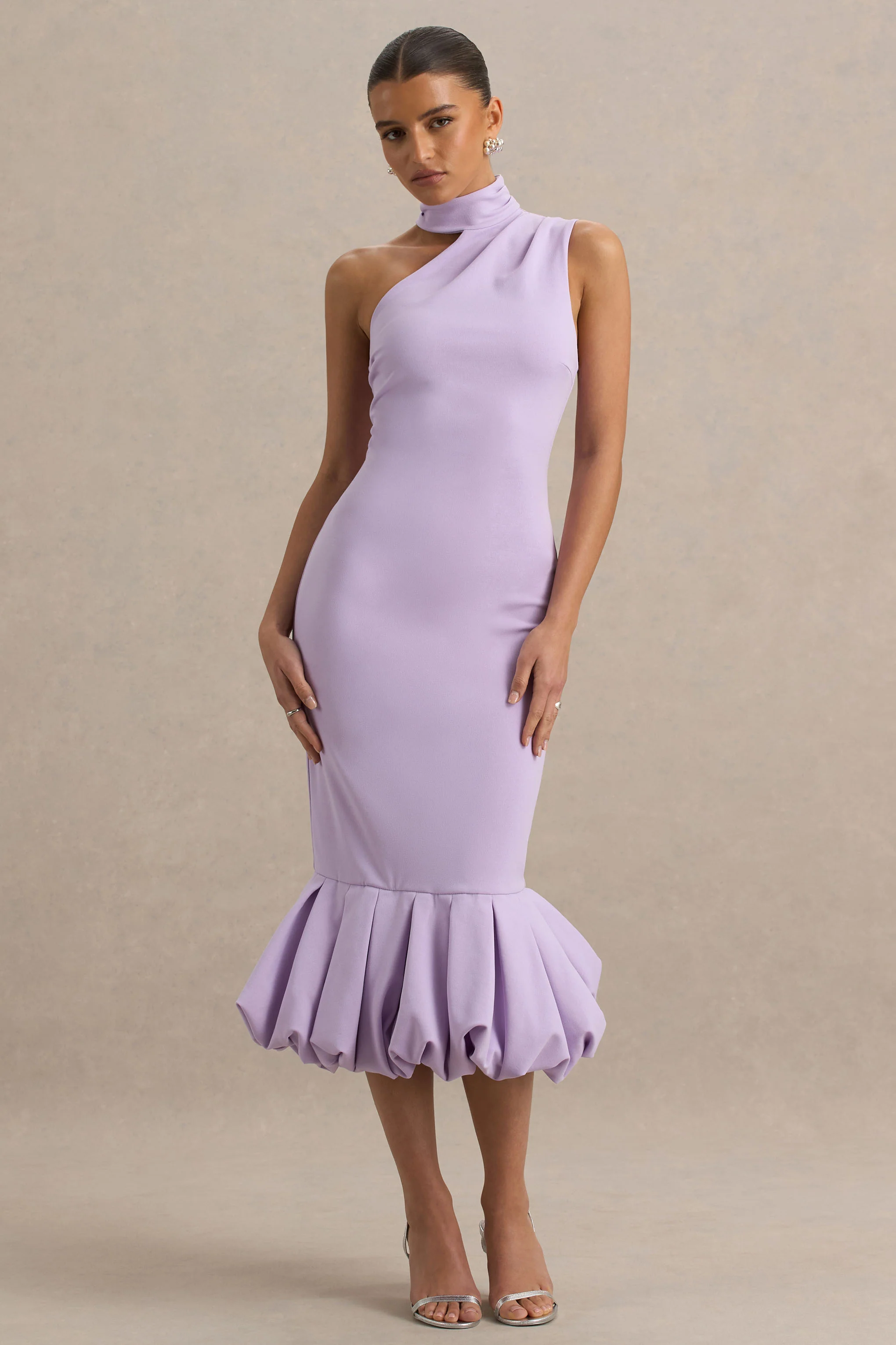Sabine | Lilac One-Shoulder Ruffle-Trim Midi Dress