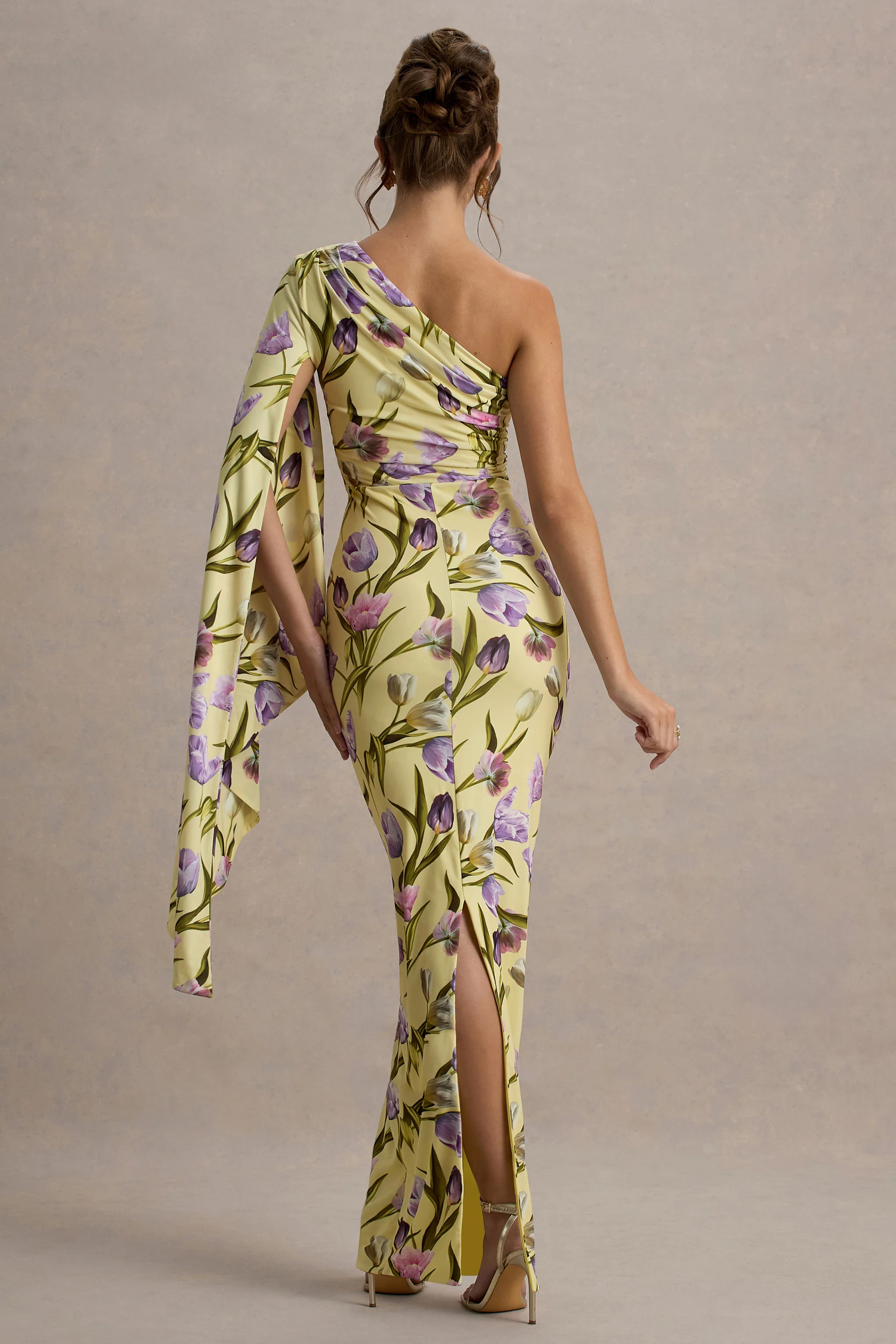 Clementina | Tulip Floral Print Asymmetric Cape Sleeve Maxi Dress