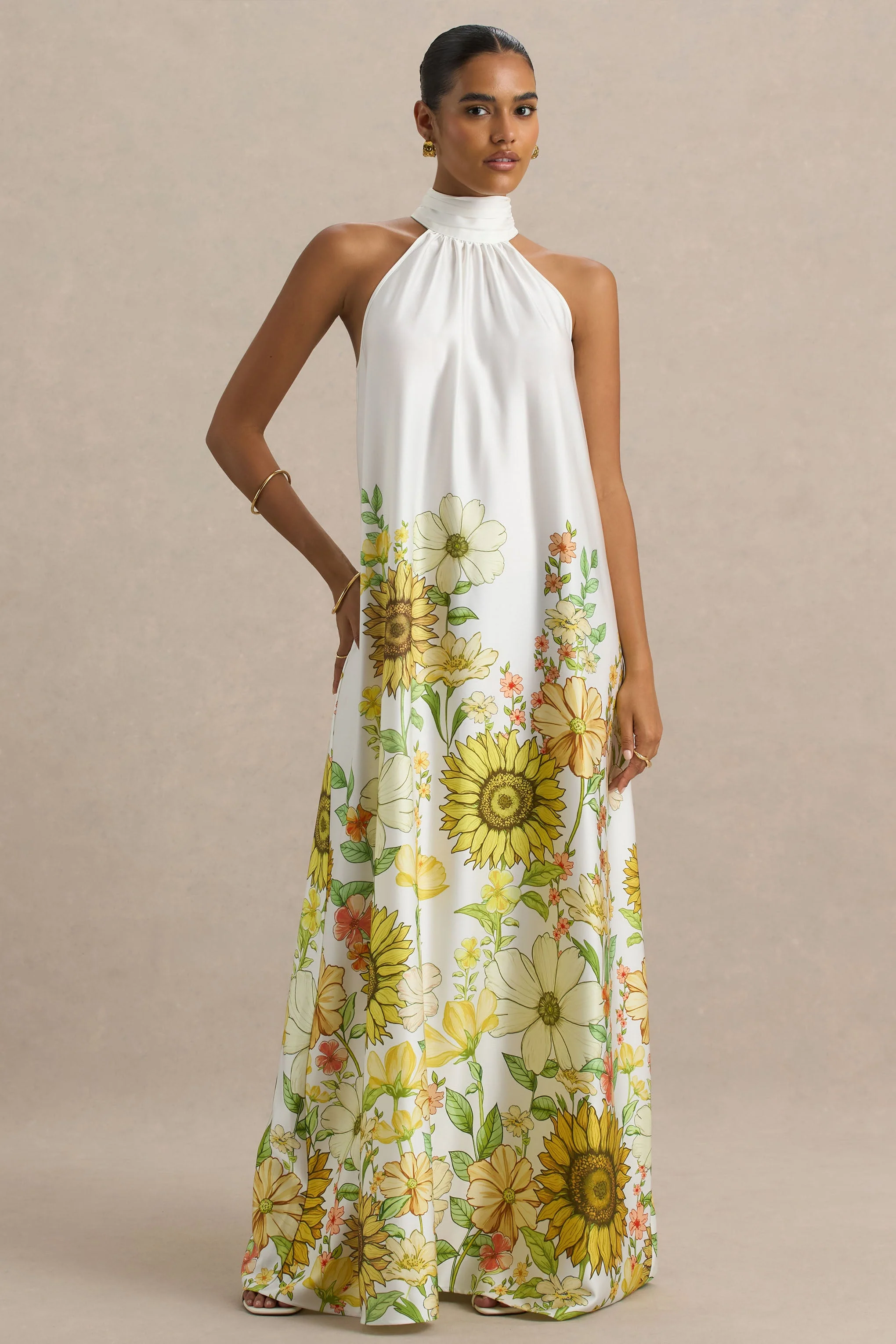 Glide | Sunflower Print Satin High-Neck Slip Maxi Dress