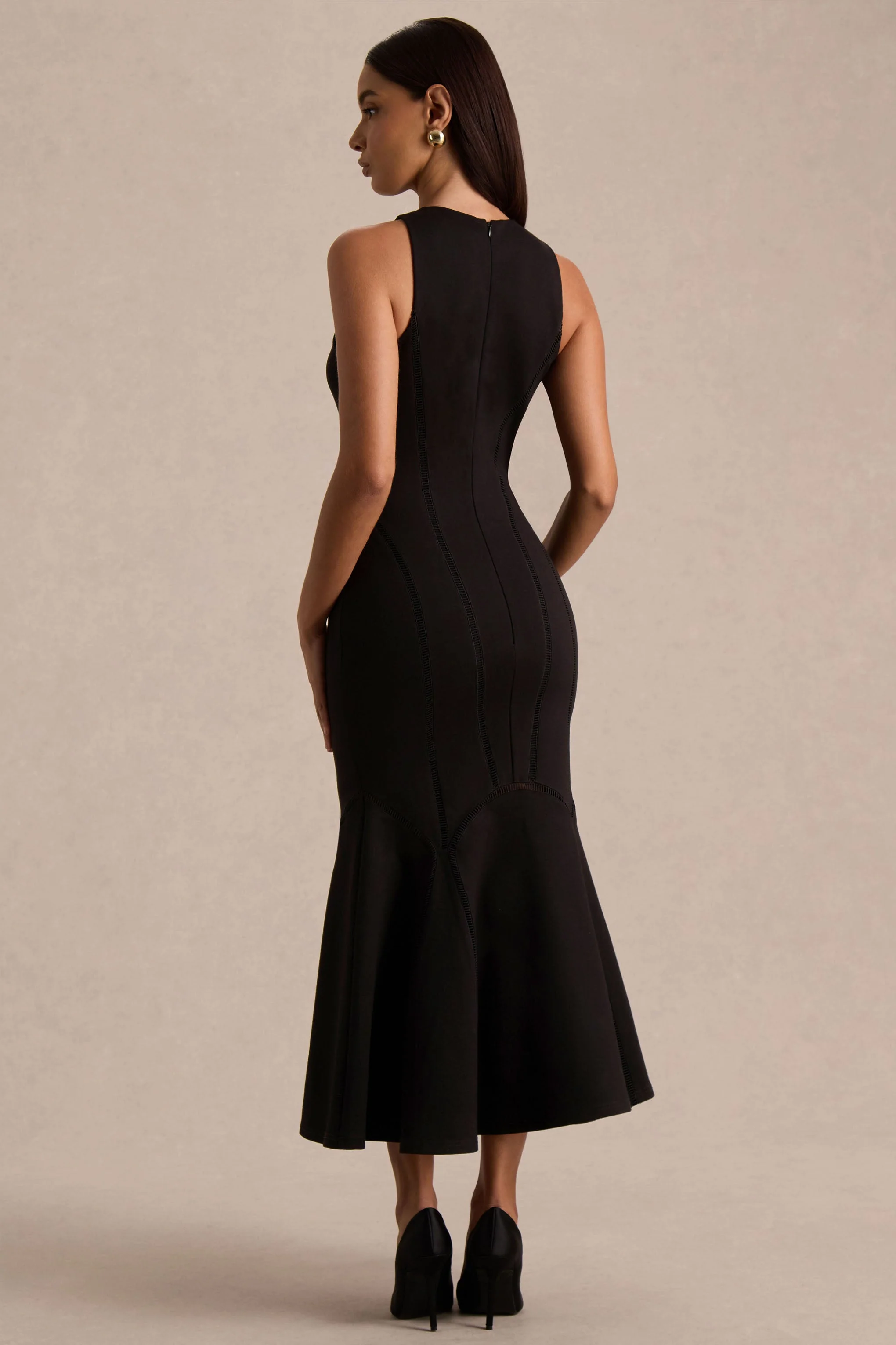 Sally | Black Crew-Neck Midi Dress With Drop Waist And Pleated Detailing