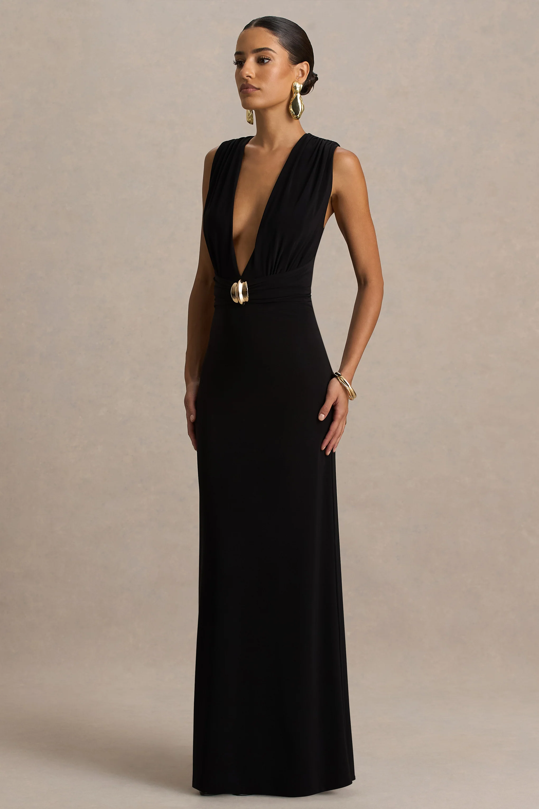 Alena | Black Extreme-Plunge Neck Maxi Dress With Gold Detail