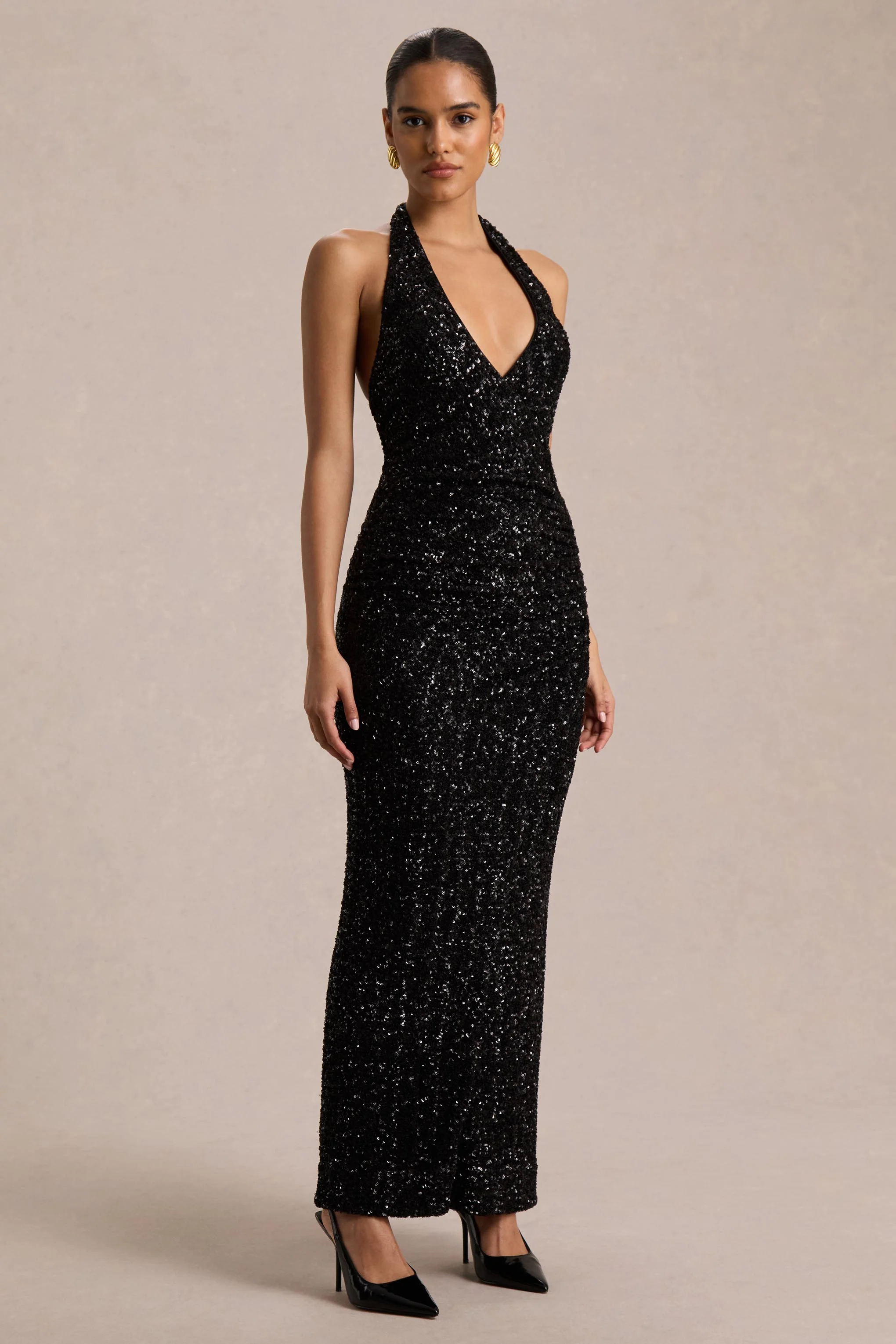 Gio | Black Sequin Plunge-Neck Wrap Maxi Dress With Ruched Detailing