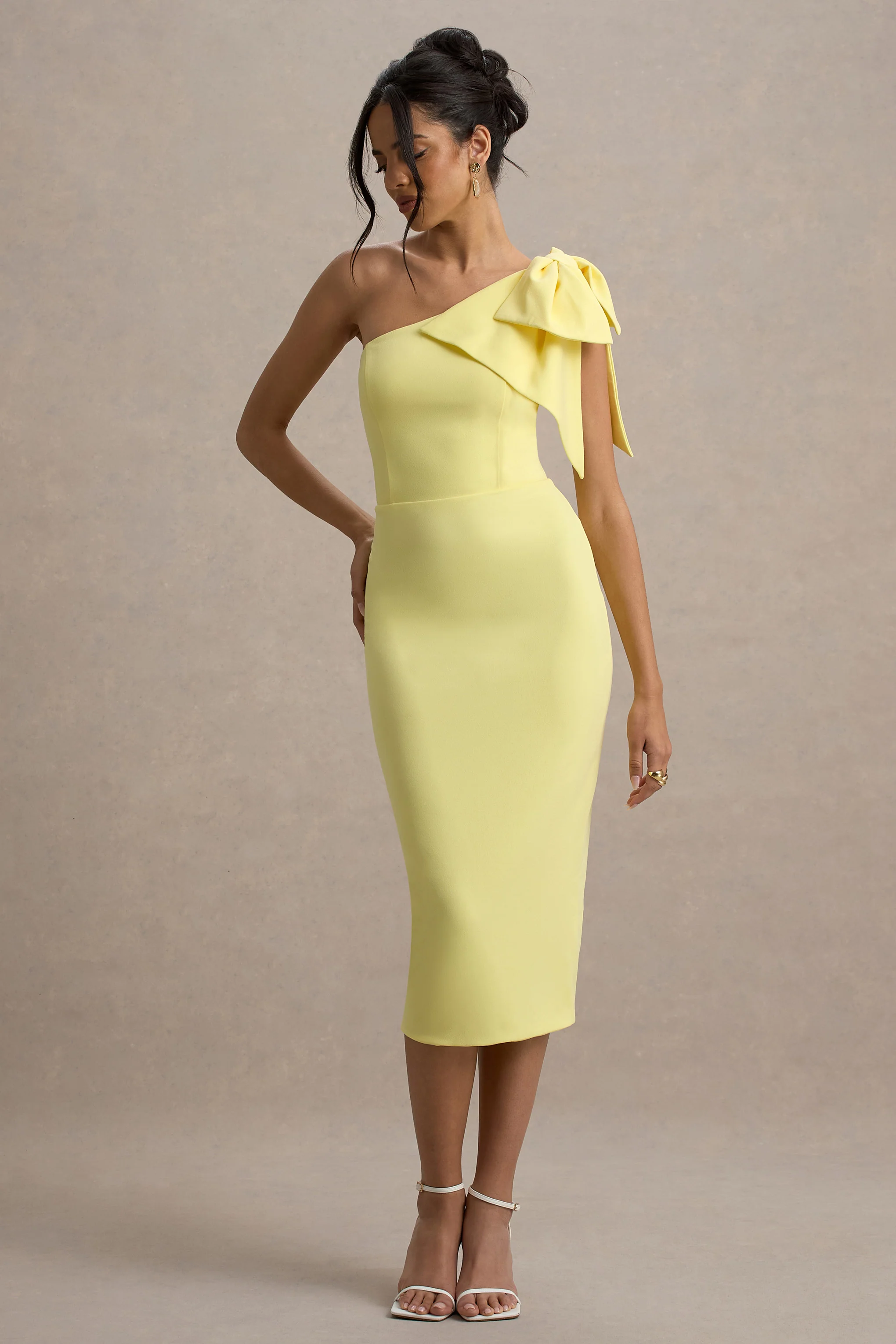 Ambretta | Lemon One-Shoulder Midi Dress With Bow