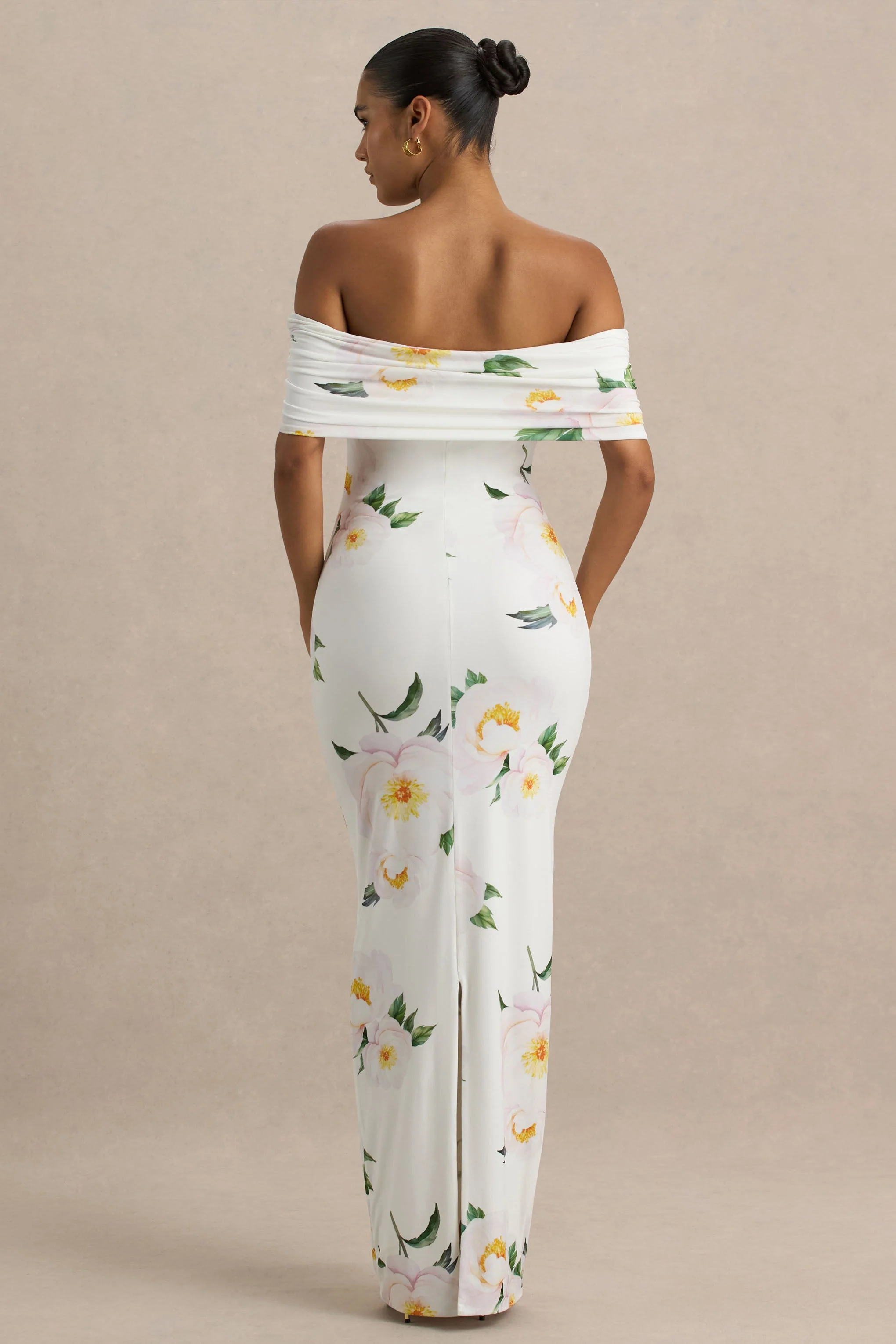 Capri | White Rose Print Bardot-Neck Maxi Dress With Ruched Detailing