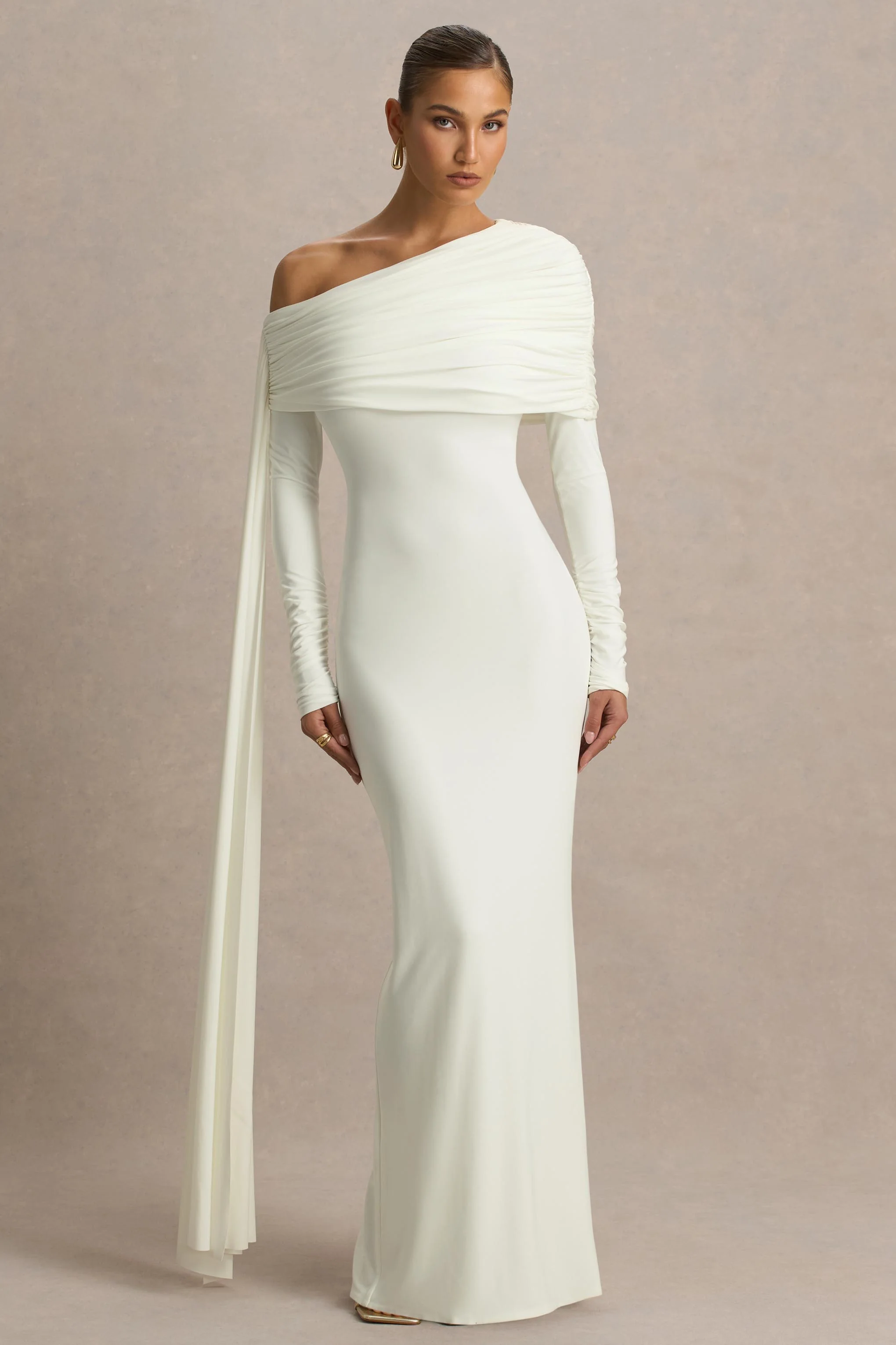 Octavia | Cream Bardot-Neck Maxi Dress With Sash And Ruched Detailing