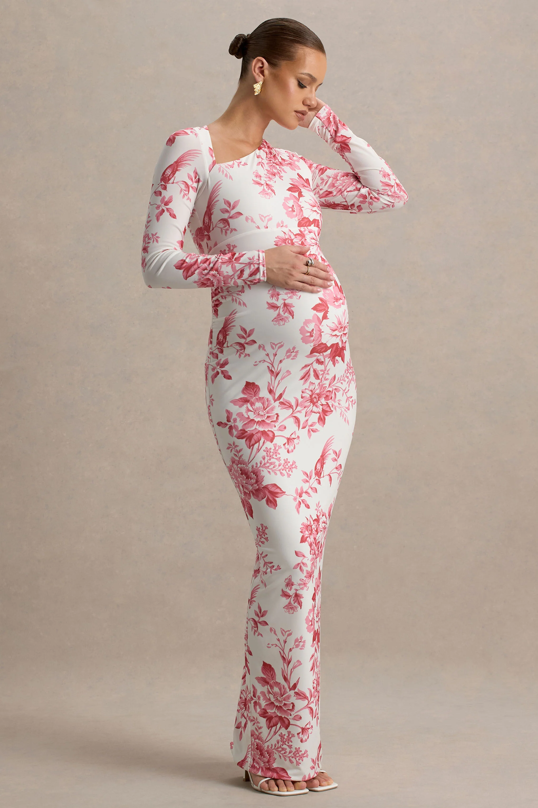 Vanette | Pink Floral Print Asymmetric Long-Sleeve Maternity Maxi Dress