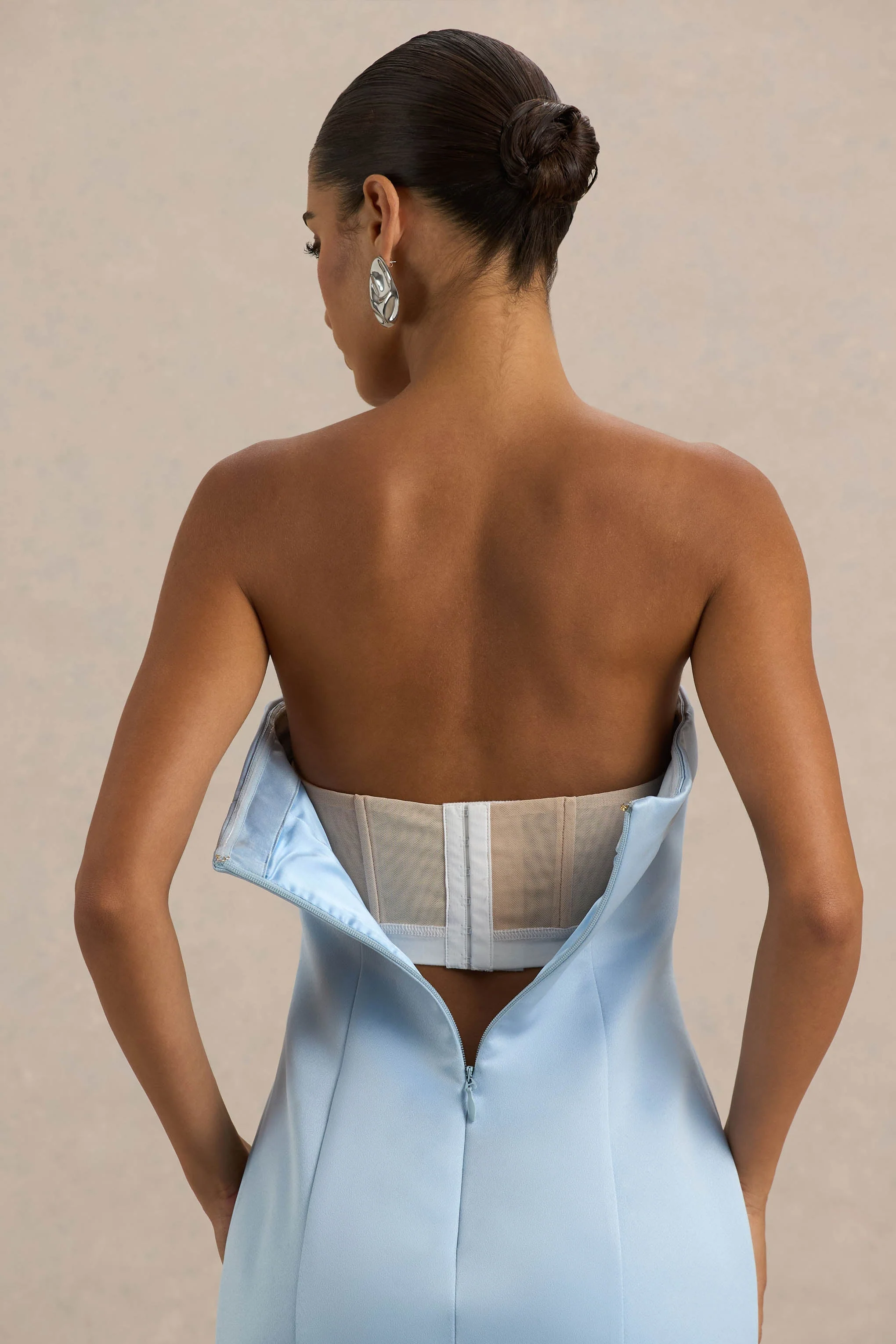 Trinity | Powder Blue Satin Bandeau Maxi Dress With Fringe