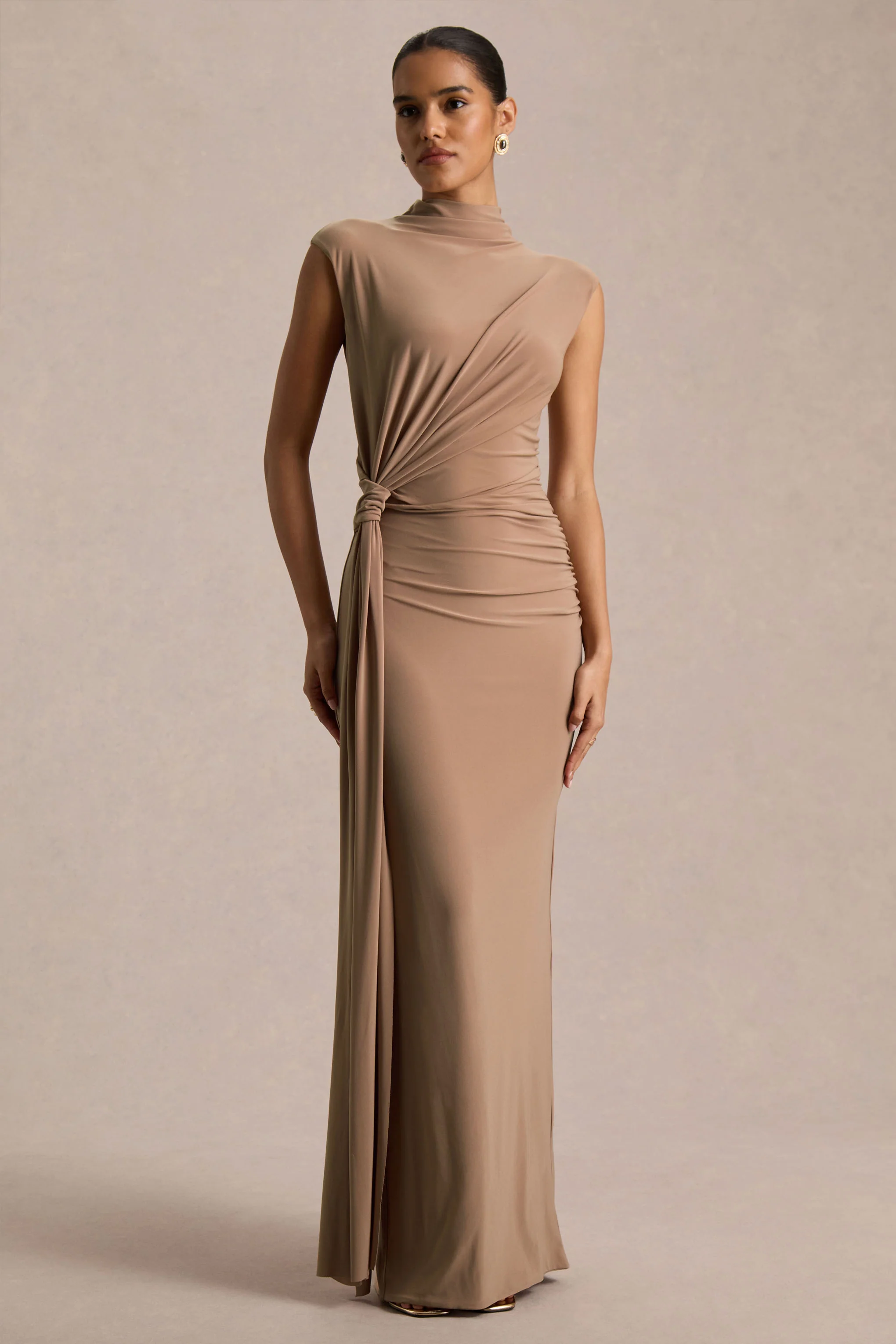 Solene | Brown High-Neck Maxi Dress With Wrap And Drape Detail