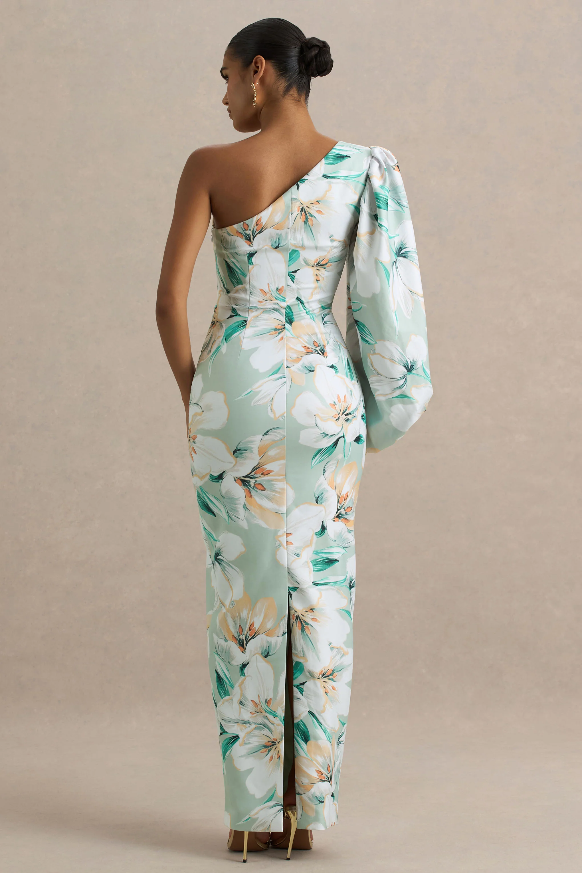 Kellis | Green Floral Print Asymmetric Maxi Dress With Balloon Sleeve