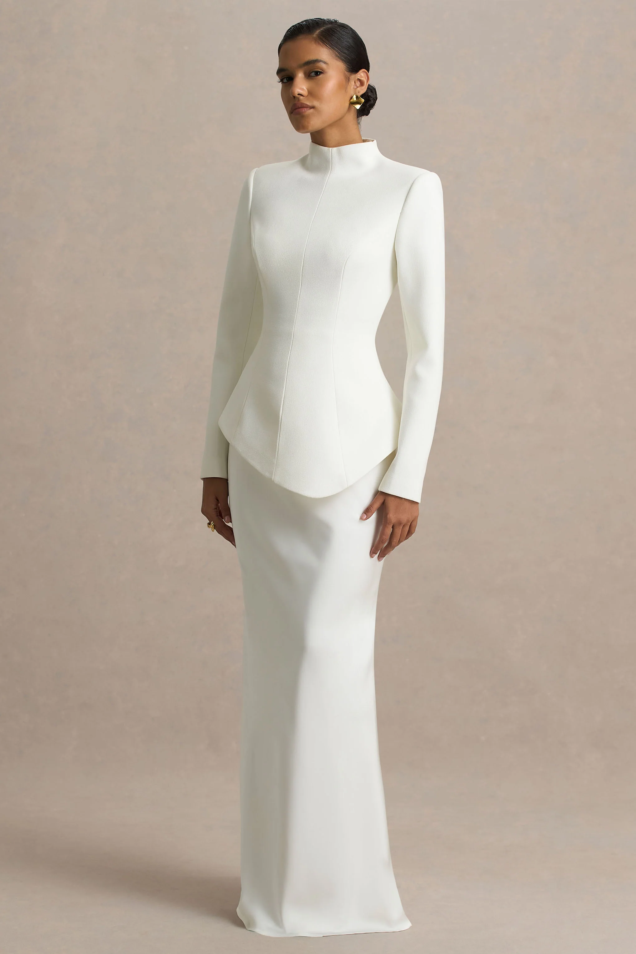 Pepita | Cream High-Neck Tailored Maxi Dress With Drop-Waist And Satin Skirt