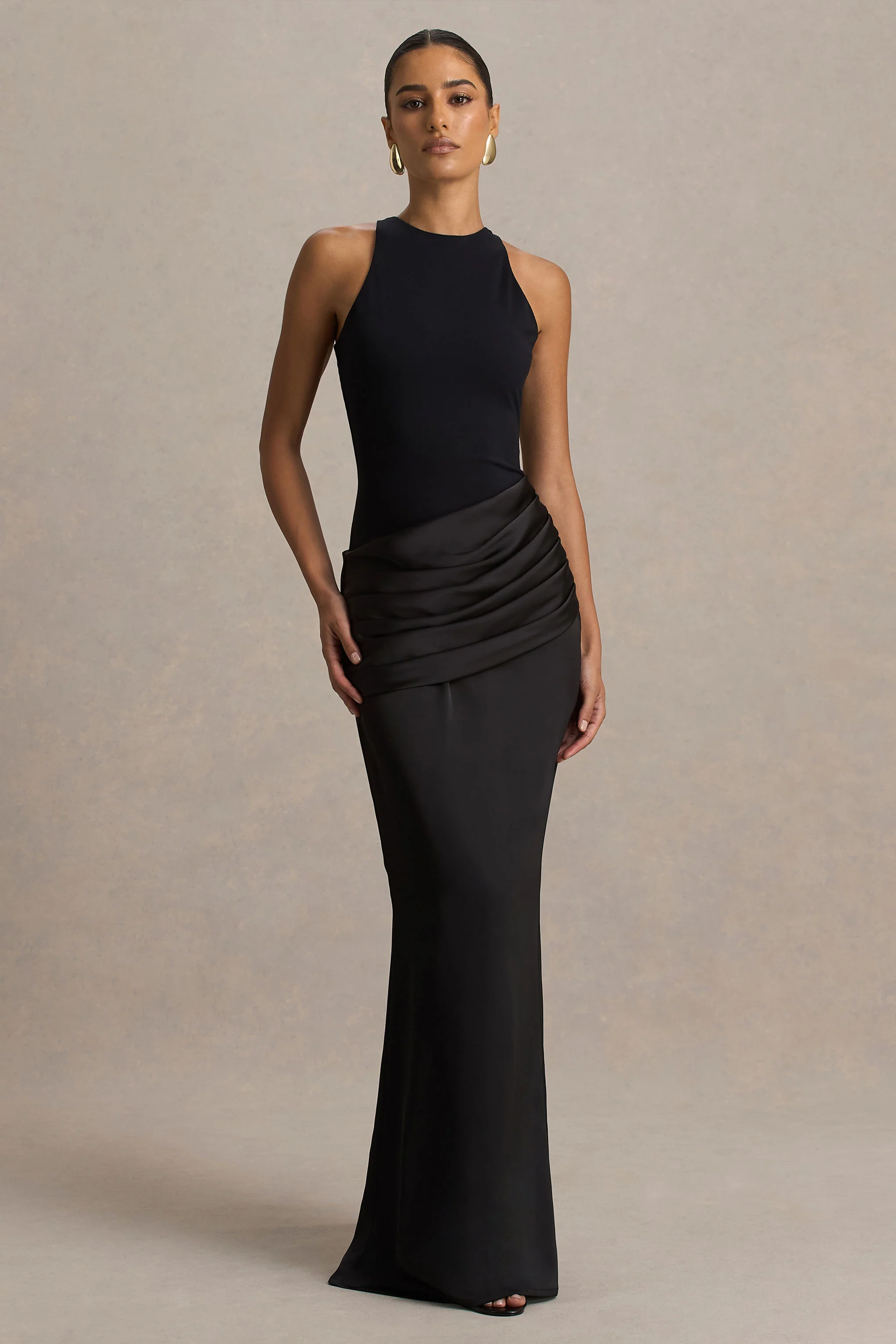 Akari | Black High-Neck Maxi Dress With Satin Skirt