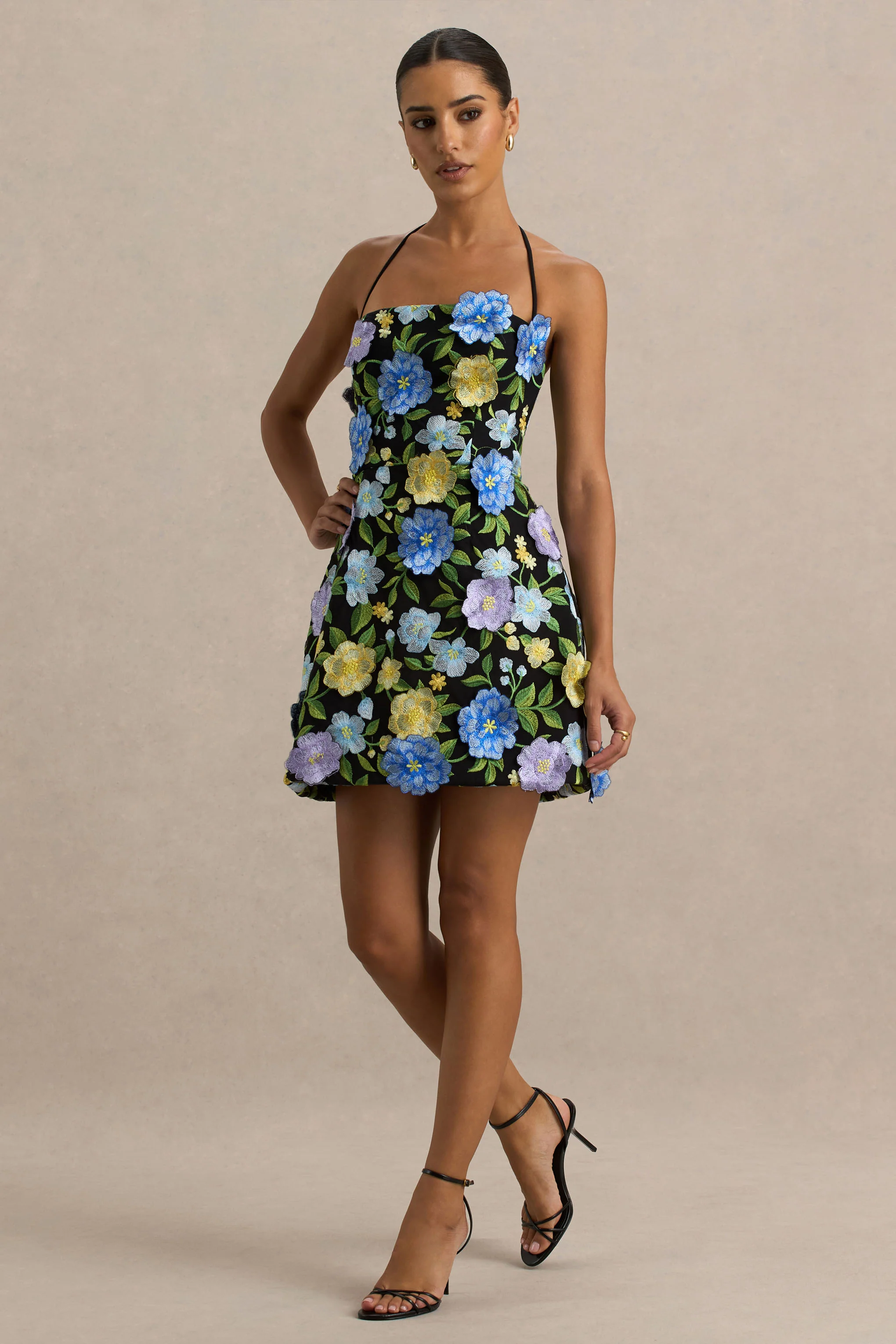 Aisha | Black Floral Embellished Square-Neck Mini Dress