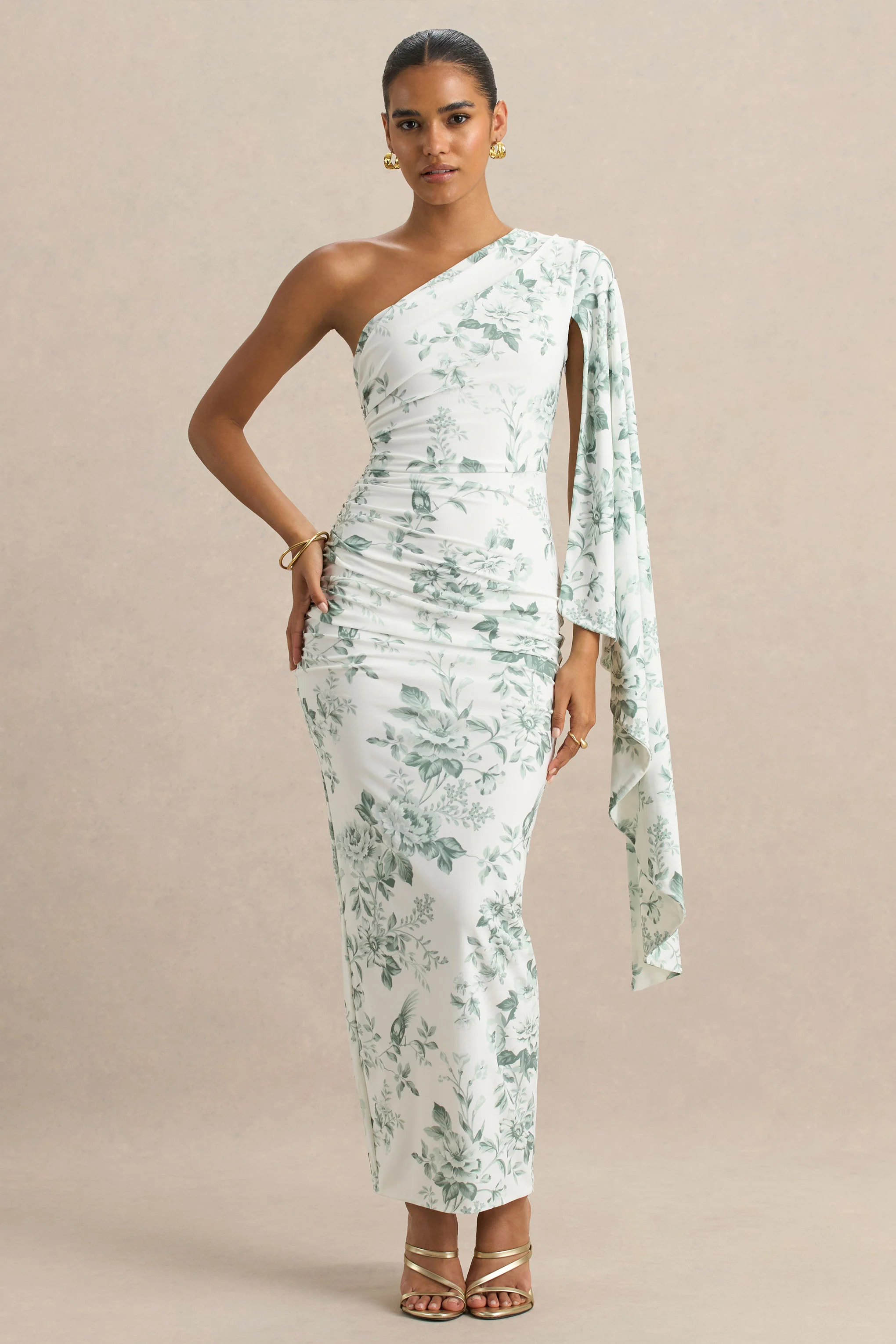 Clementina | Green Porcelain Print Asymmetric Cape Sleeve Maxi Dress