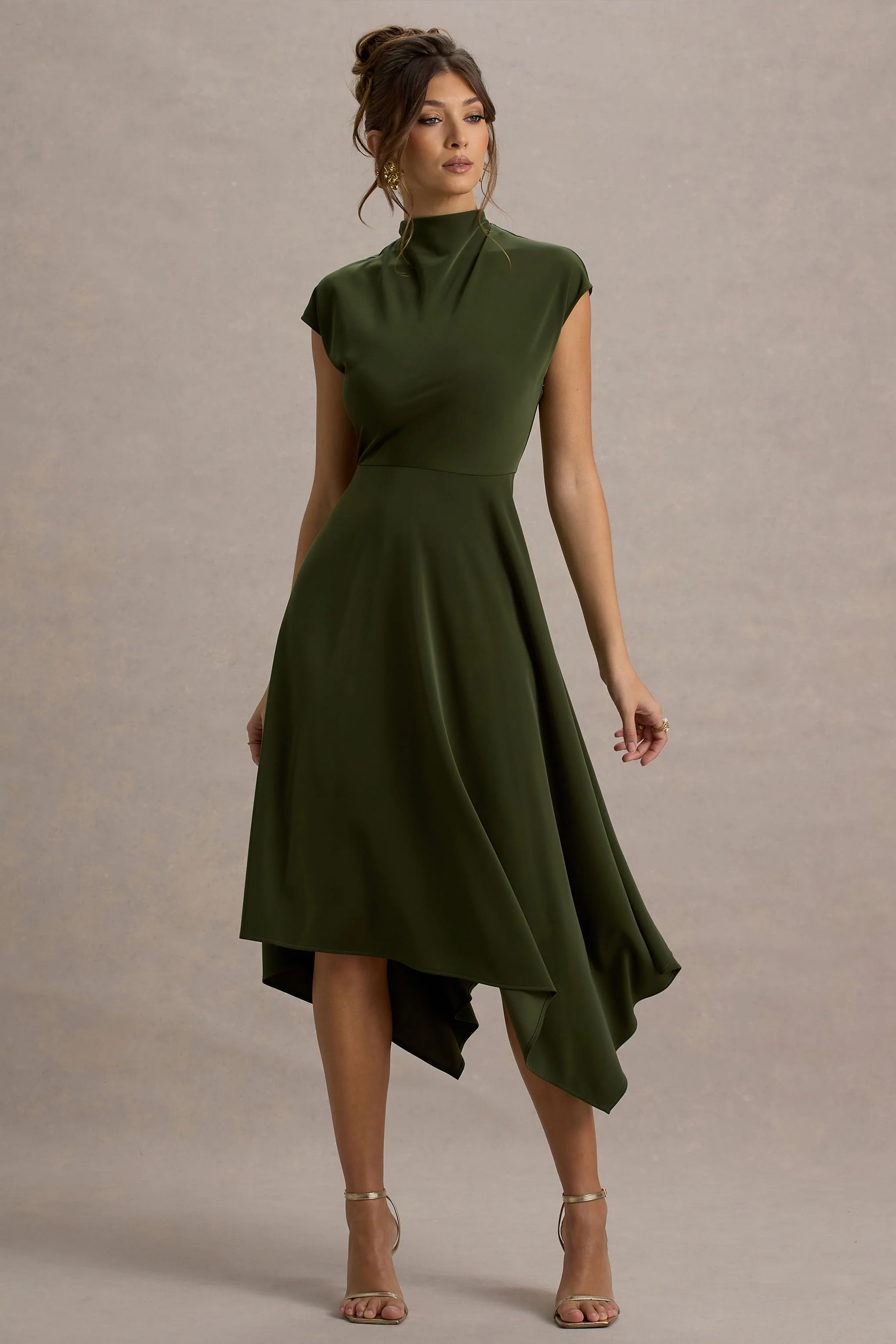 Velma | Olive Satin Midi Dress With Draped Hem