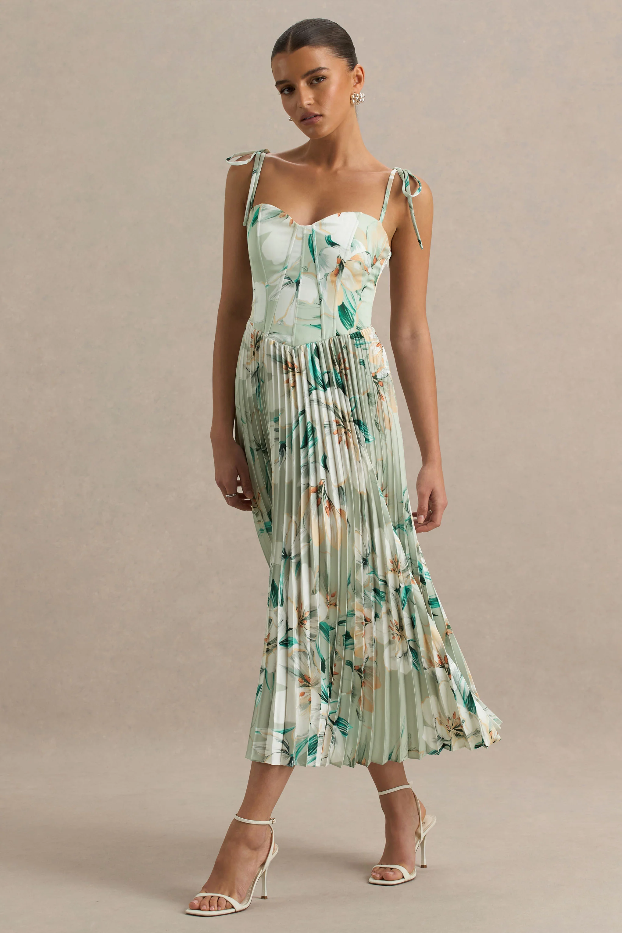 Peyton | Green Floral Print Satin Sweetheart-Neck Midi Dress With Pleated Details
