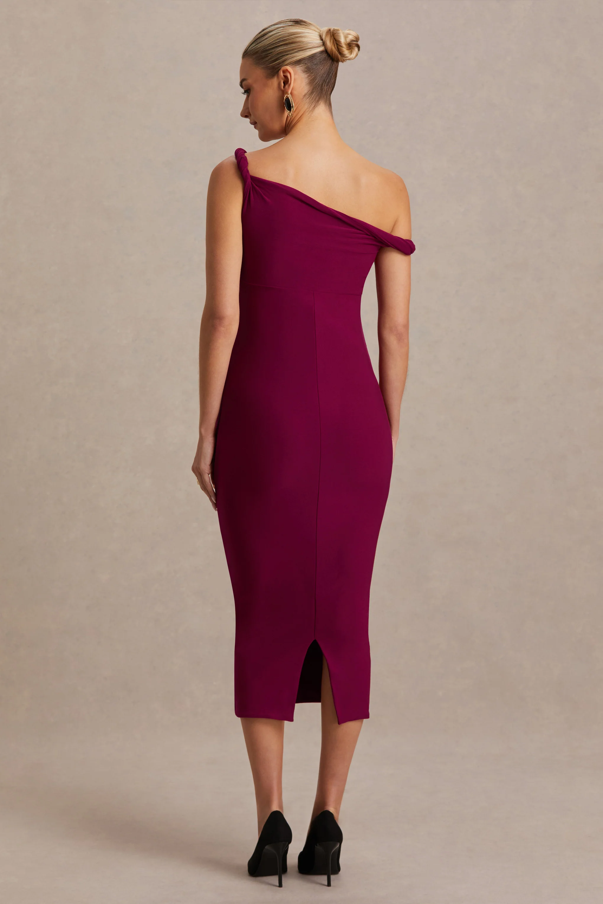 Salome | Burgundy Twisted Asymmetric Maternity Midi Dress