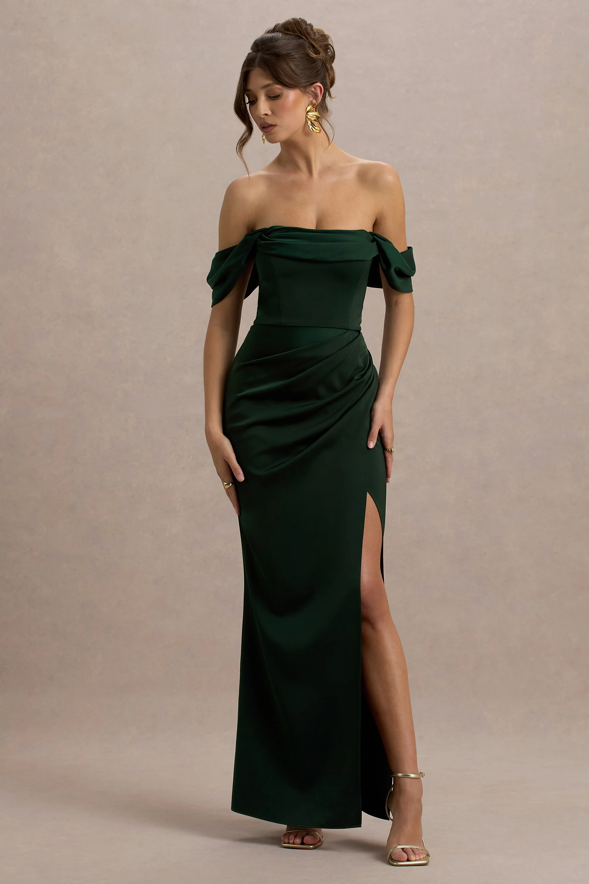 Annie | Bottle Green Satin Bardot Maxi Dress With Split Wrap Skirt