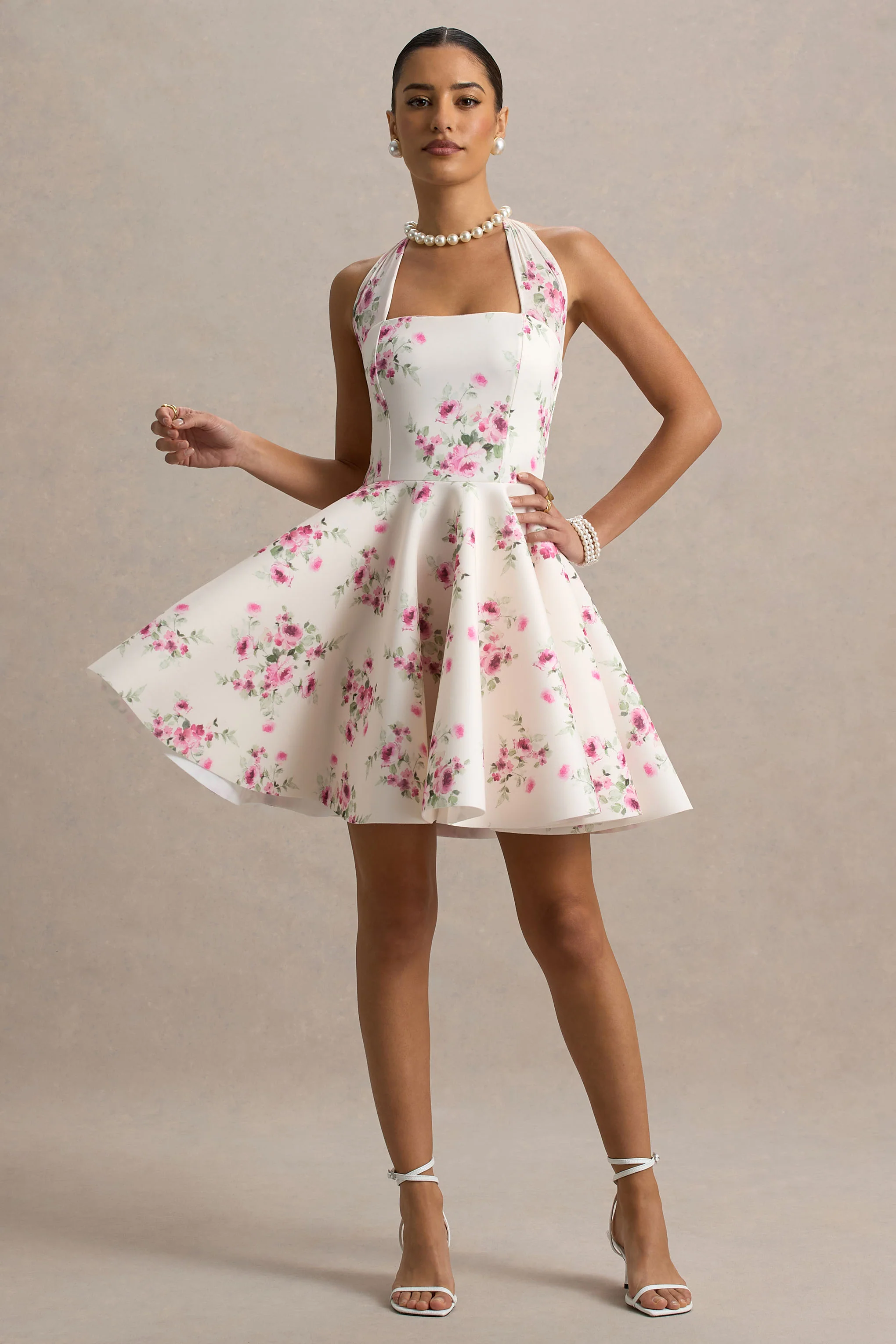 Peggy | Cream and Pink Halter-Neck Skater Mini Dress