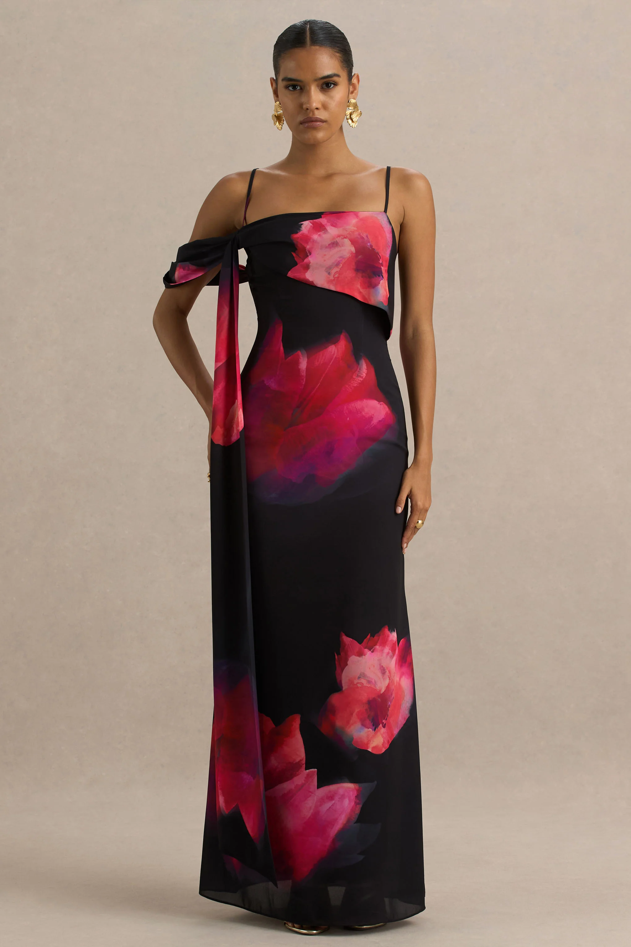 Leonara | Black And Pink Floral Print Cowl-Neck Maxi Dress With One-Sleeve